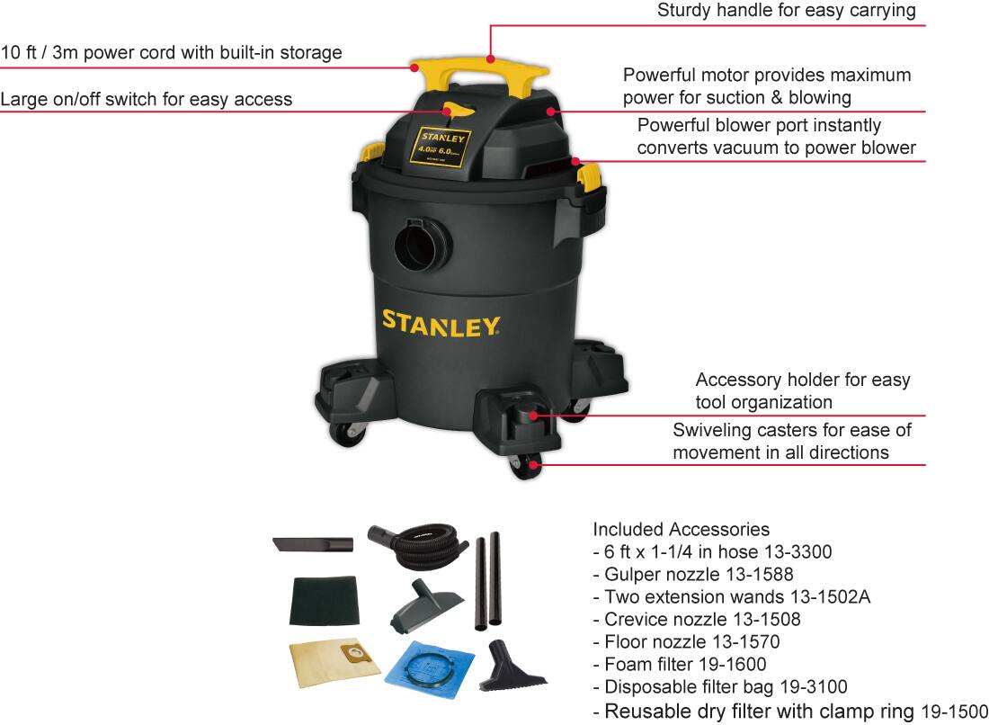 Top. Stanley - 6 Gallon wet/dry vacuum - black.