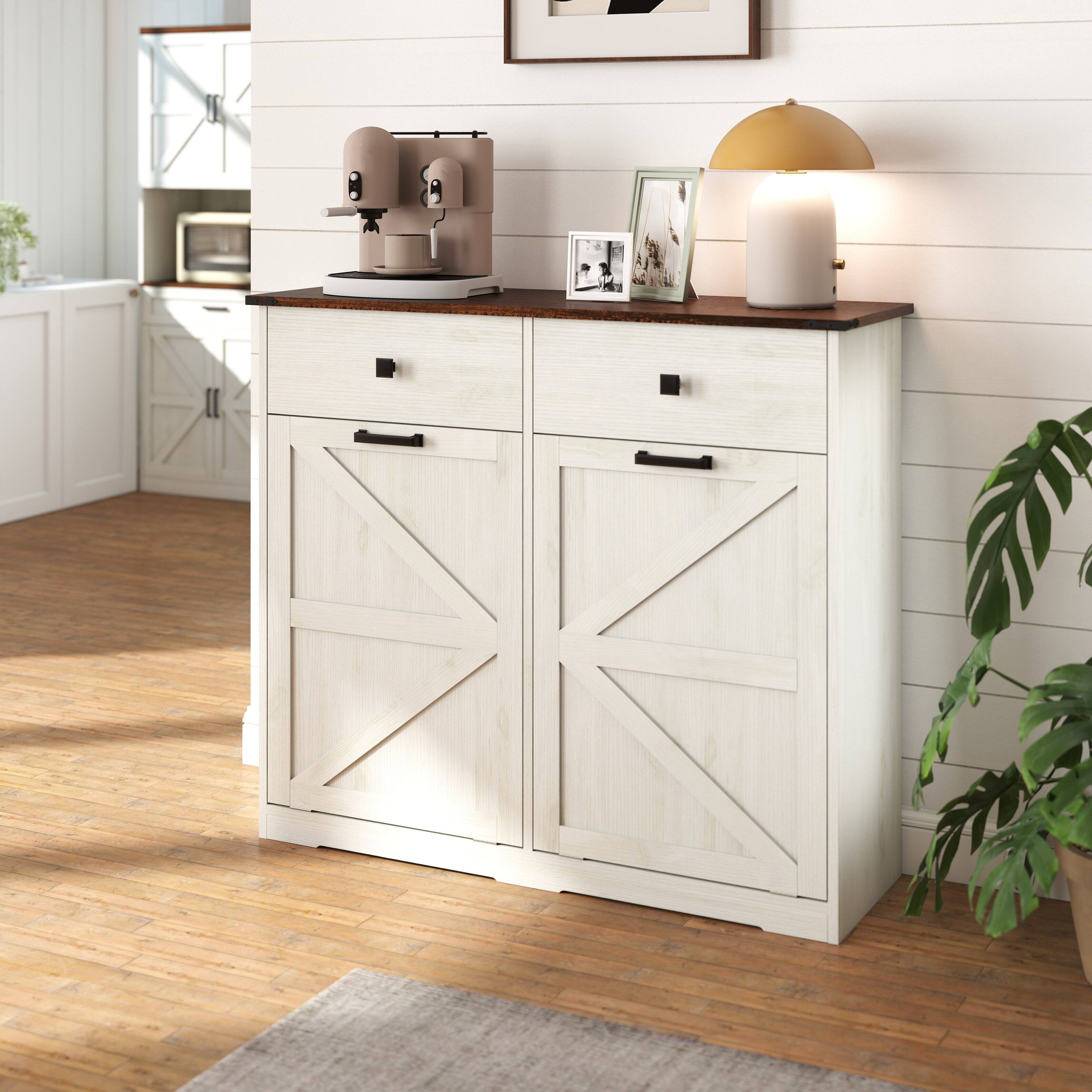 Alt View 5. GOODSILO - Double Tilt Out Trash Cabinet - Farmhouse Style Kitchen Recycling Cabinet with Drawer - Brown + Antique White.