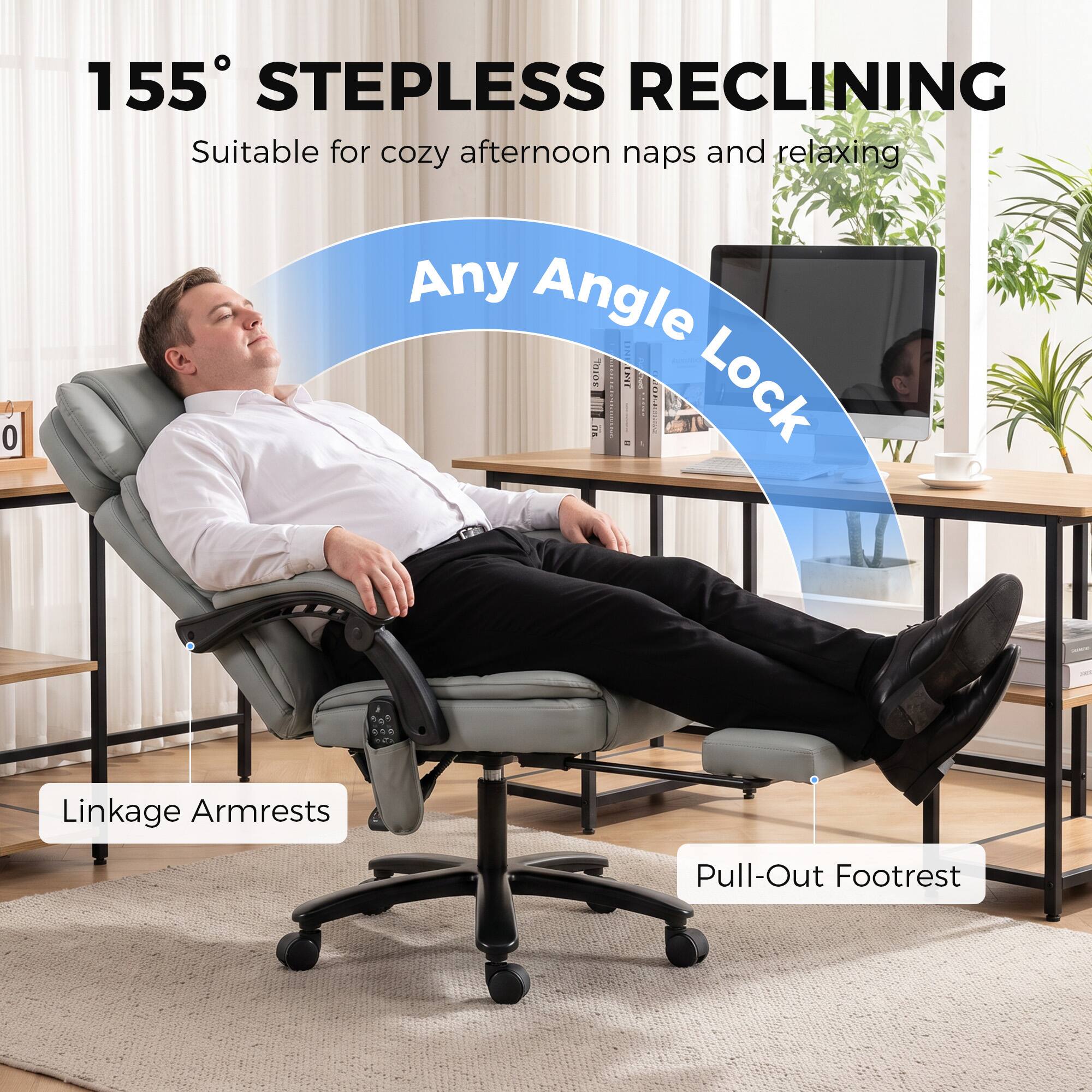 155° STEPLESS RECLINING  
Suitable for cozy afternoon naps and relaxing  
Any Angle Lock  
Linkage Armrests  
Pull-Out Footrest