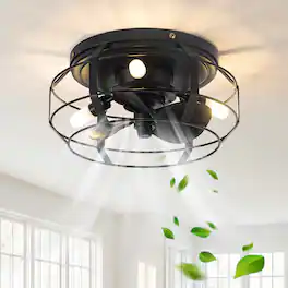 Parrot Uncle - Industrial 3-Light Metal Caged Low Profile Ceiling Fan with Light Remote - Black
