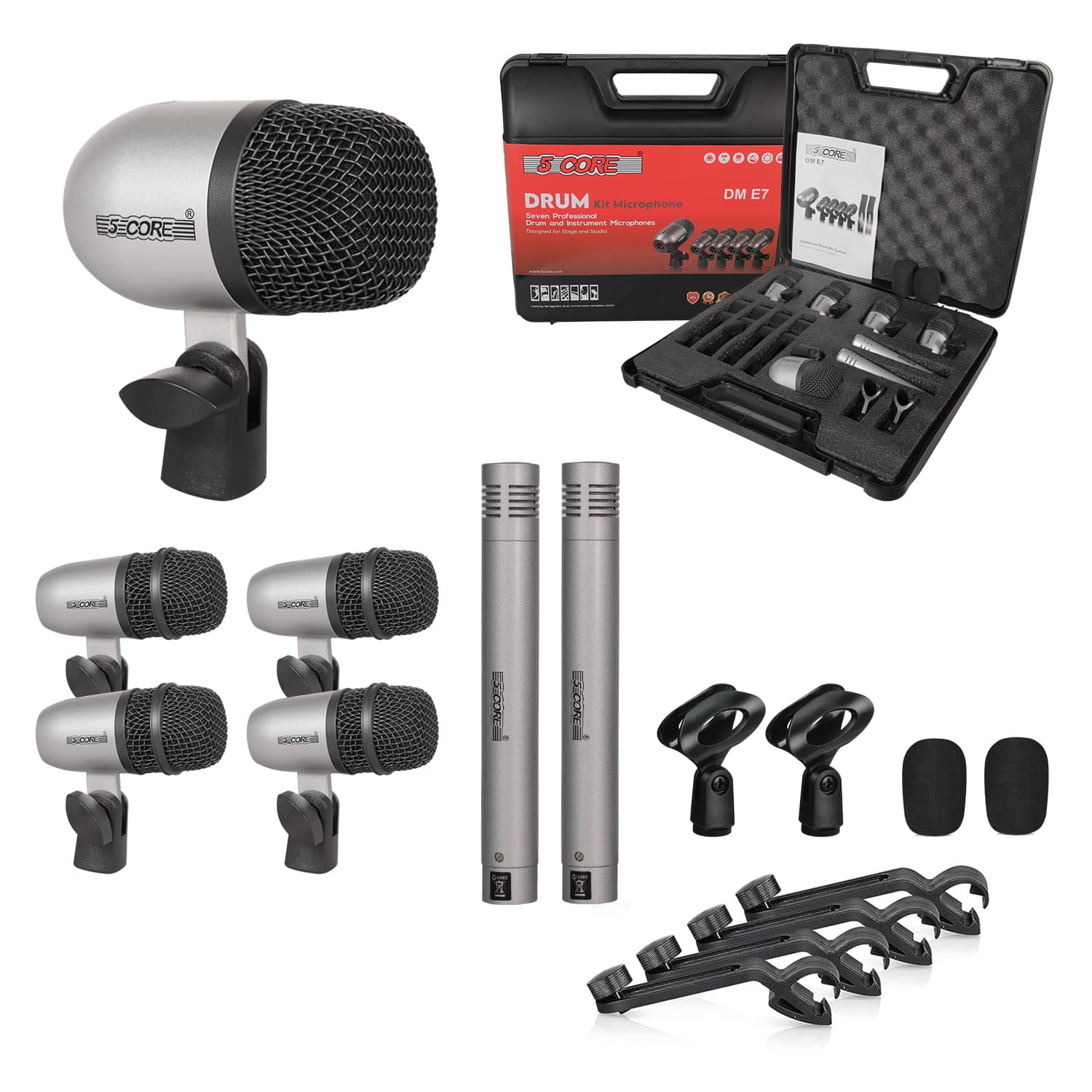 5 CORE - Drum Microphone Kit 7Pc All Metal Drummer Mics Tom/Snare & Cymbals Wired Instrument Drums Set