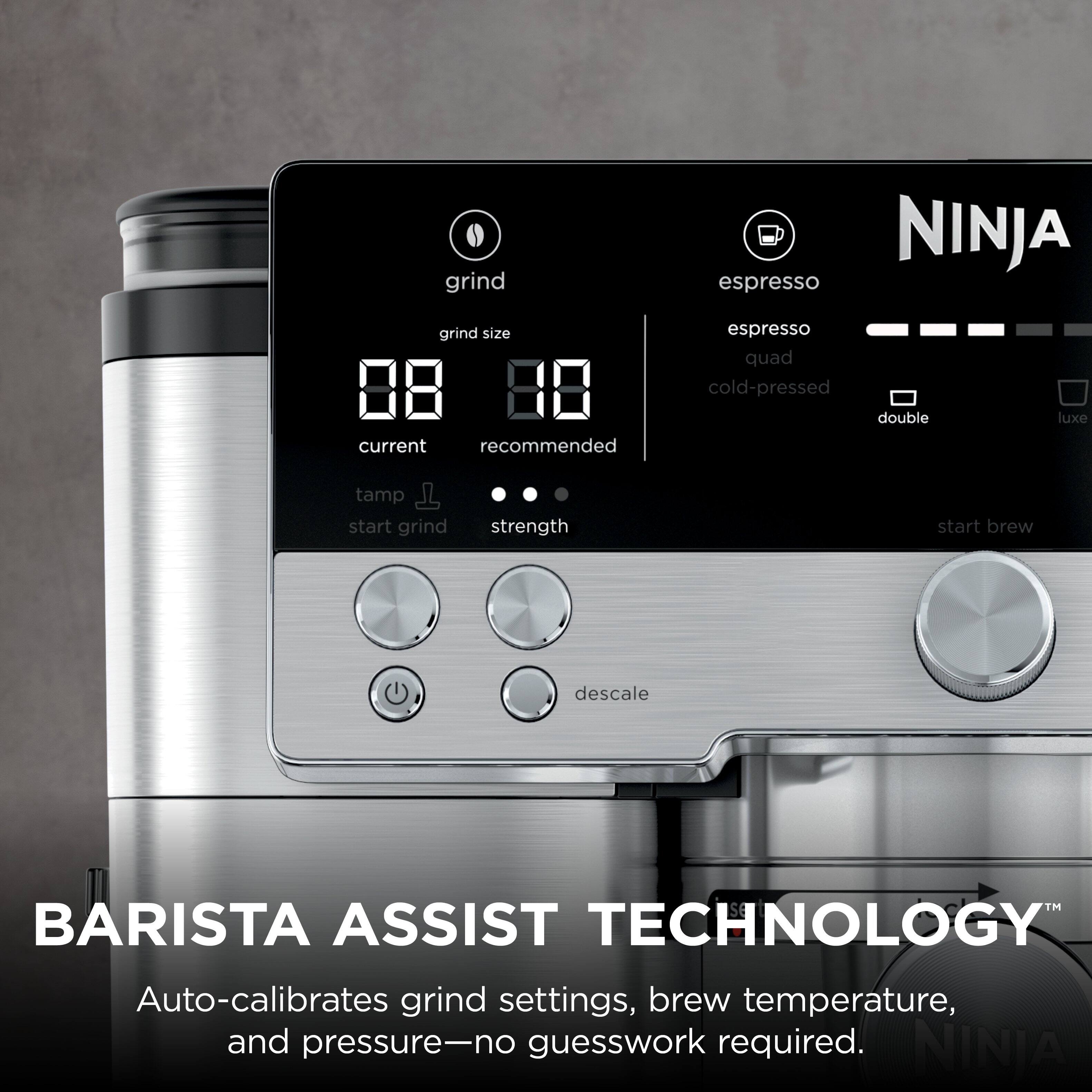 NINJA espresso grind size current recommended espresso quad cold-pressed double luxe tamp start grind strength start brew descale S6 BARISTA ASSIST TECHNOLOGY Auto-calibrates grind settings, brew temperature, and pressure-no guesswork required.