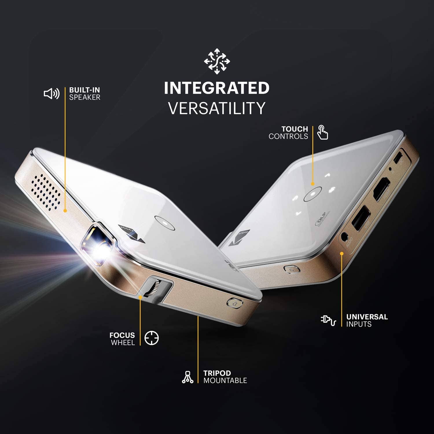 Built-in speaker integrated versatility touch controls universal inputs tripod mountable focus wheel.