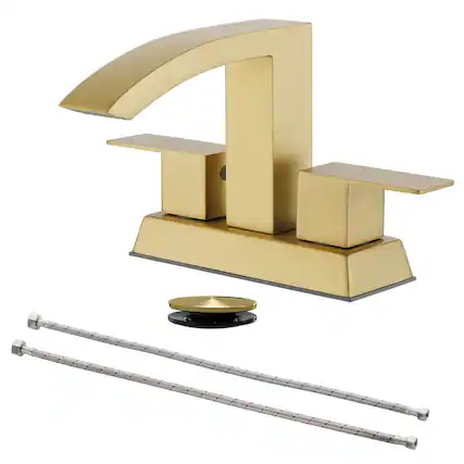 Front. Boyel Living - Brushed Gold 4 Inch Centerset Faucet SUS304 Waterfall Spout 1.2GPM Dual Handle Pop Up Drain - Brushed Gold.