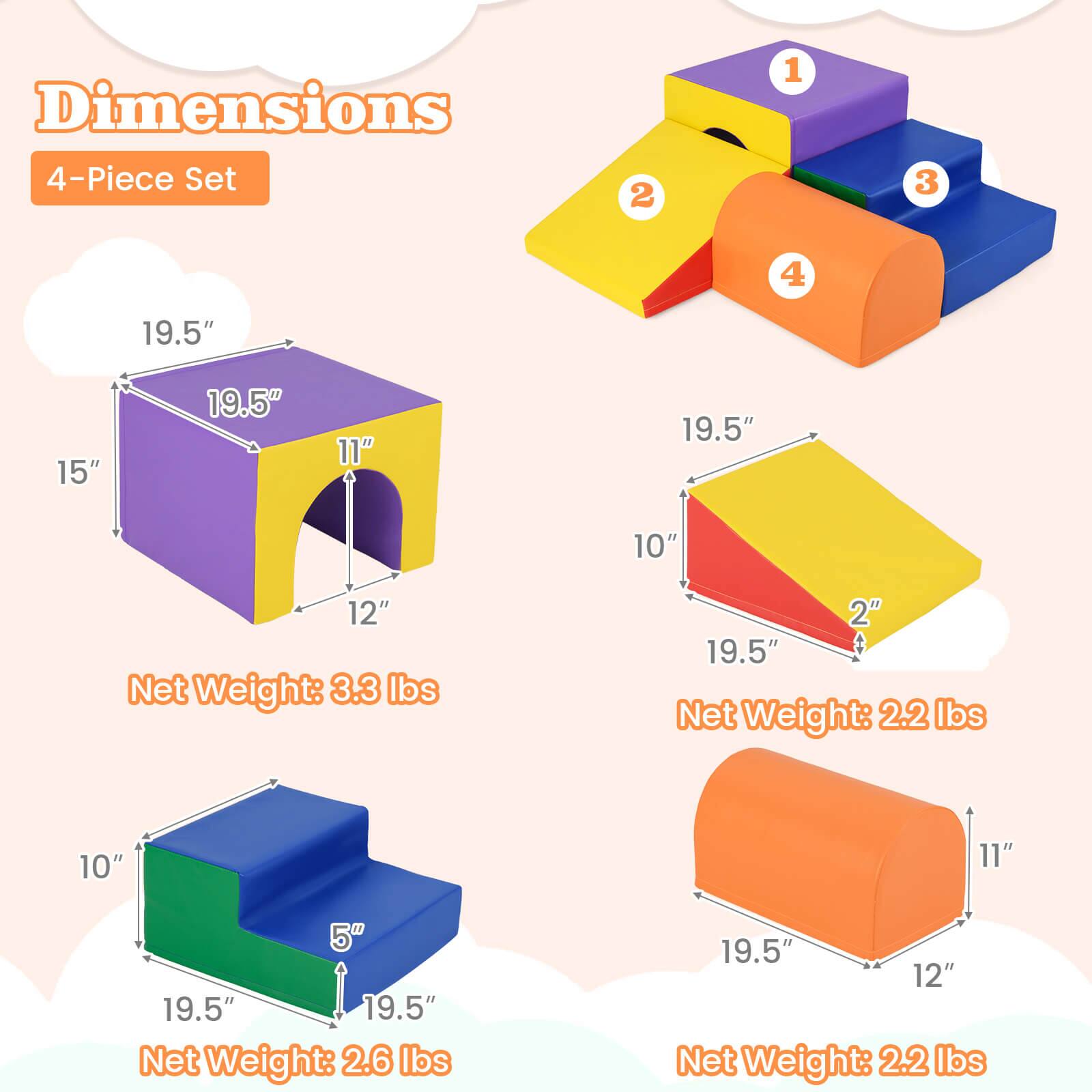Dimensions  
4-Piece Set  

1. 19.5" x 19.5" x 15" x 11" x 12"  
   Net Weight: 3.3 lbs  

2. 19.5" x 10" x 2"  
   Net Weight: 2.2 lbs  

3. 19.5" x 19.5" x 10" x 5"  
   Net Weight: 2.6 lbs  

4. 19.5" x 12" x 11"  
   Net Weight: 2.2 lbs