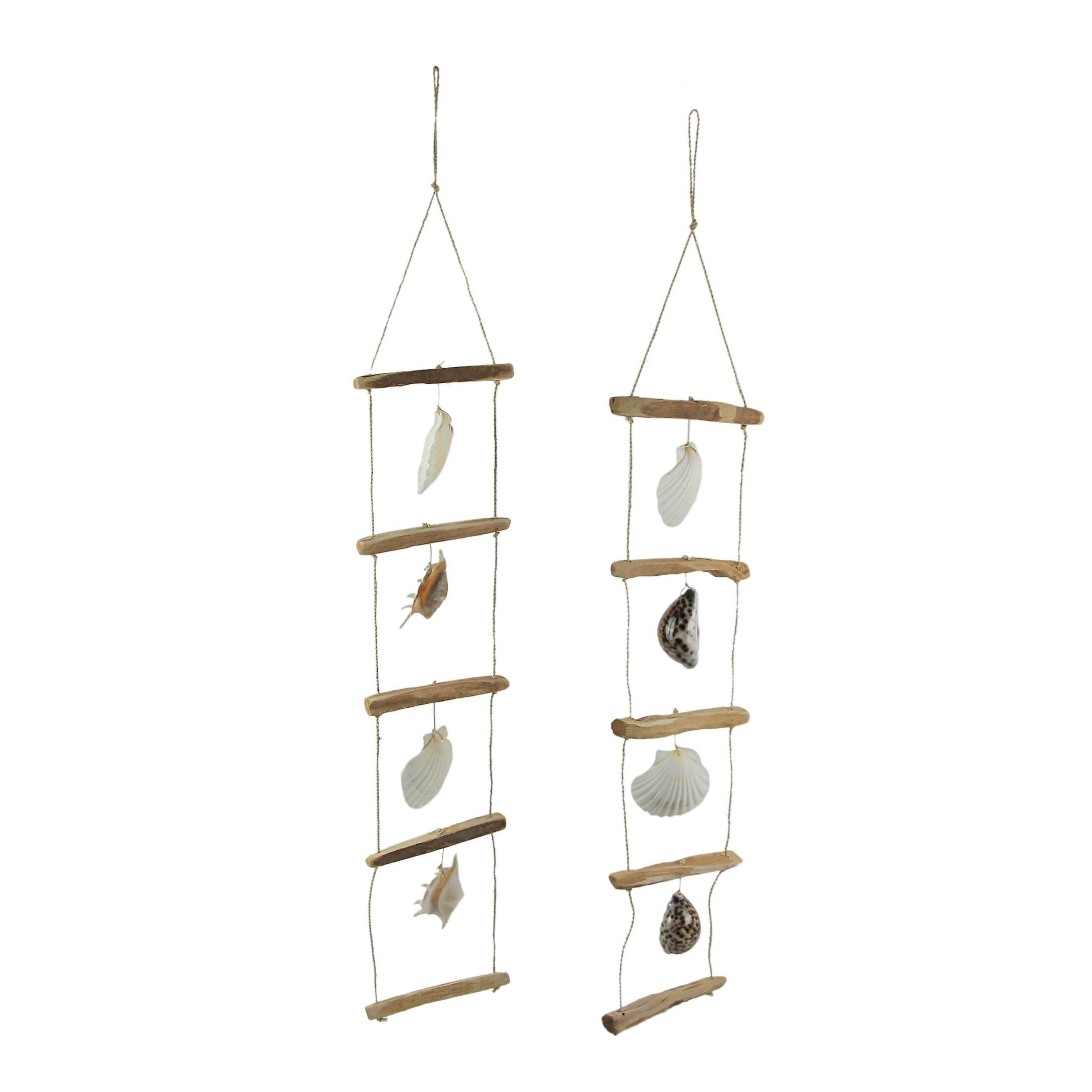 Front. J.D. Yeatts - Scallop Sea Shell Driftwood Ladder Hanging Nautical Sculpture Beach Home Decor Nautical - Natural.
