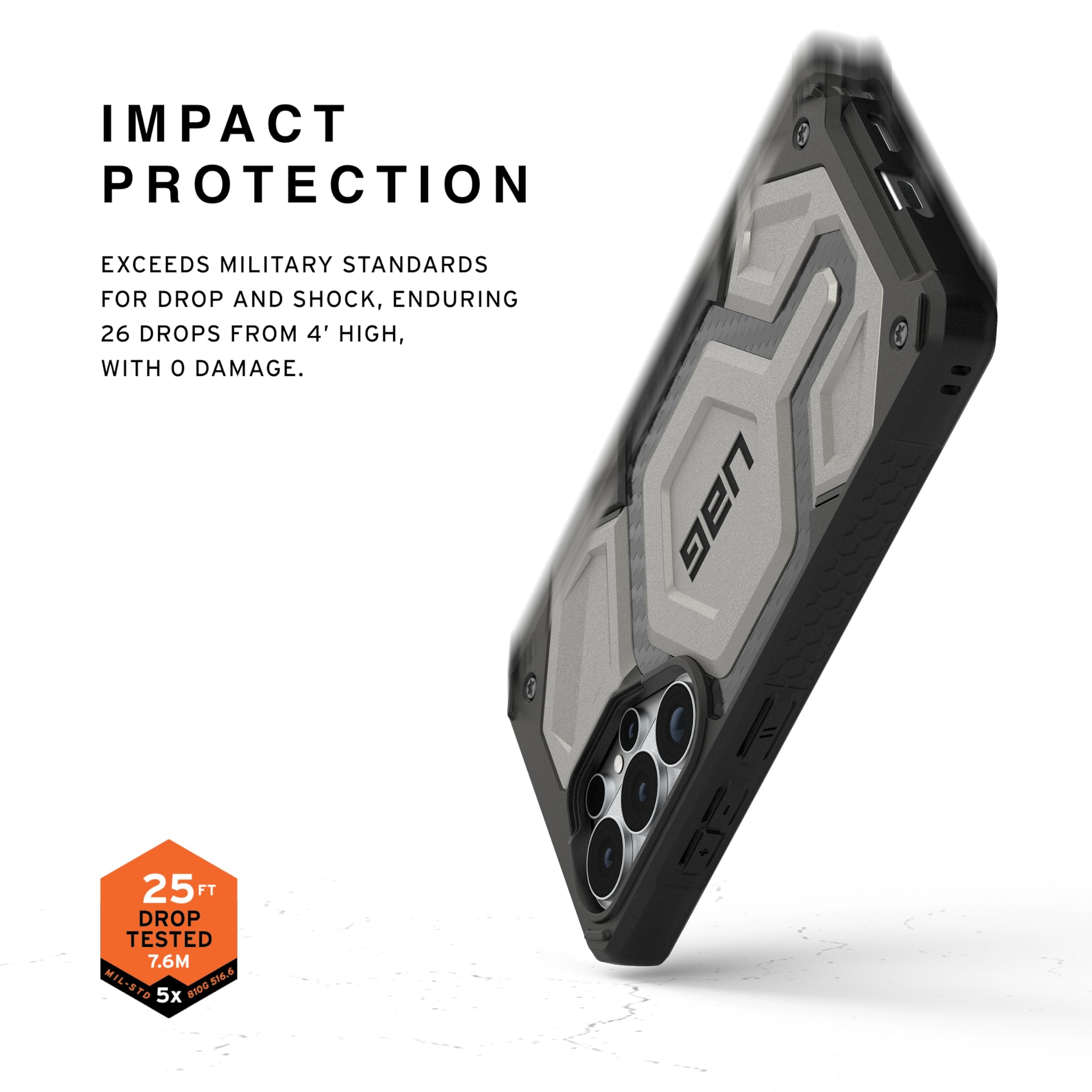 IMPACT PROTECTION

EXCEEDS MILITARY STANDARDS FOR DROP AND SHOCK, ENDURING 26 DROPS FROM 4' HIGH, WITH 0 DAMAGE.

UAG 3 25 FT DROP TESTED 7.6M M 216.6 MIL-STD rD 5x 8100.516.6 8IDS