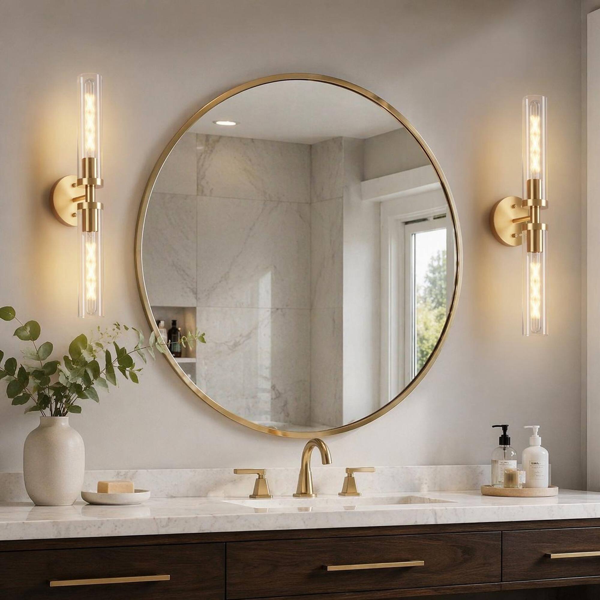 Alt View 3. RYHNUYNE - Set of 2 Hardwired Gold Wall Sconces with Clear Glass Shades for Bathroom Vanity, Hallway, and Bedroom.