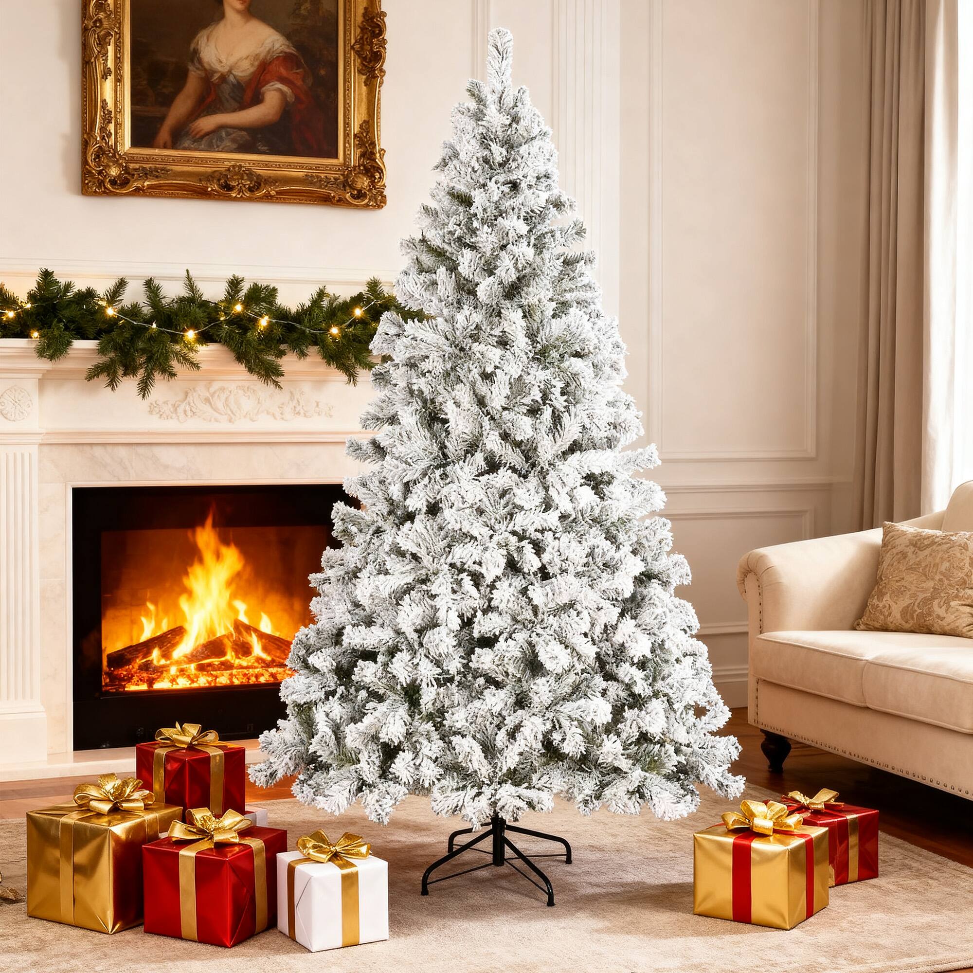 Alt View 6. Sugift - 7.5ft Snow Flocked Christmas Tree with 1405 Branch Tips, Fire-Resistant PVC and Metal Stand for Holiday Decoration - White.