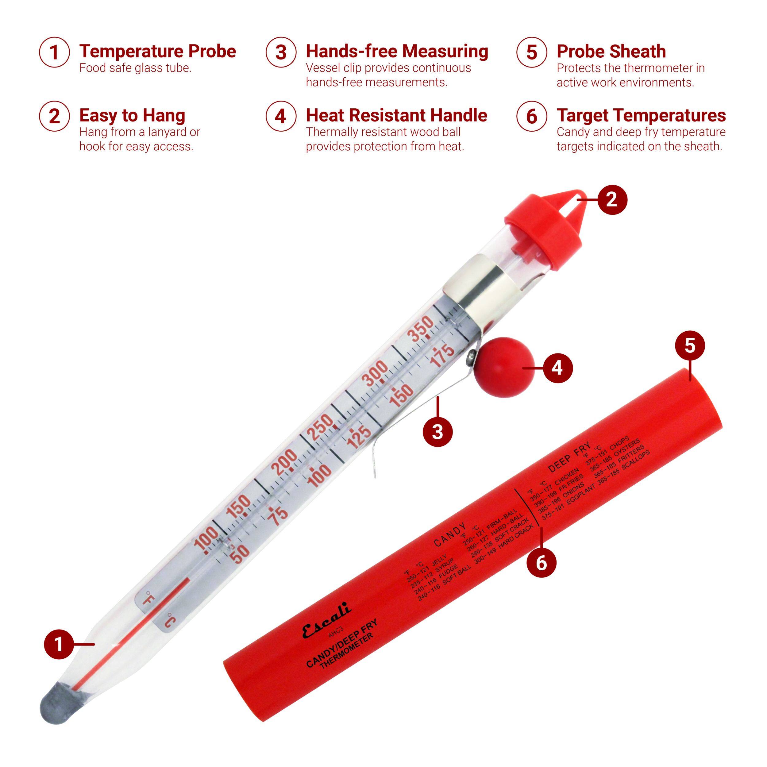 1. Temperature Probe - Food safe glass tube.
2. Easy to Hang - Hang from a lanyard or hook for easy access.
3. Hands-free Measuring - Vessel clip provides continuous hands-free measurements.
4. Heat Resistant Handle - Thermally resistant wood ball provides protection from heat.
5. Probe Sheath - Protects the thermometer in active work environments.
6. Target Temperatures - Candy and deep fry temperature targets indicated on the sheath.