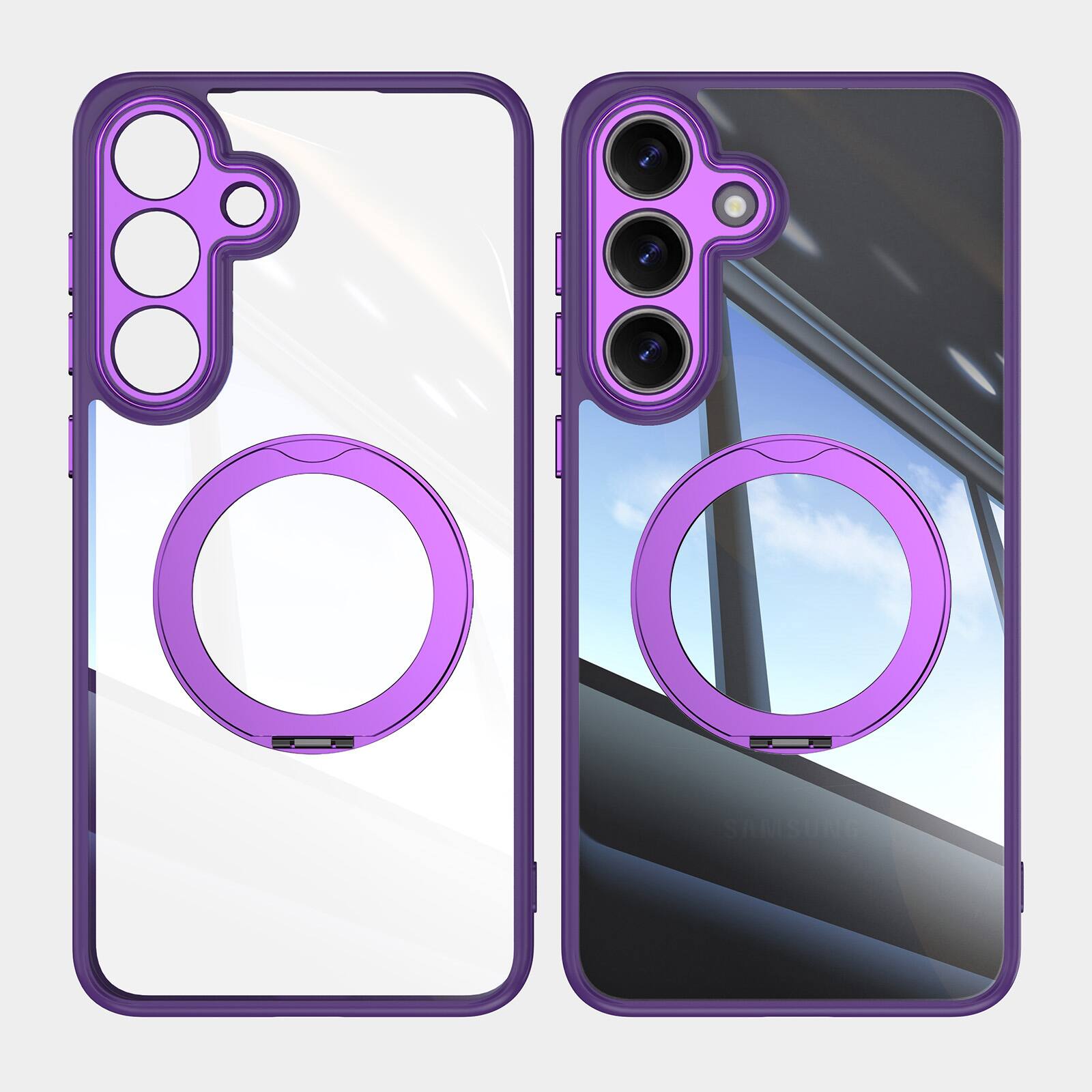 Left. Dteck - Magnetic Clear Case For Samsung Galaxy S26+, Shockproof Anti-Scratch 360° Ring Holder Stand PC+TPU Protection Cover - Darkpurple.