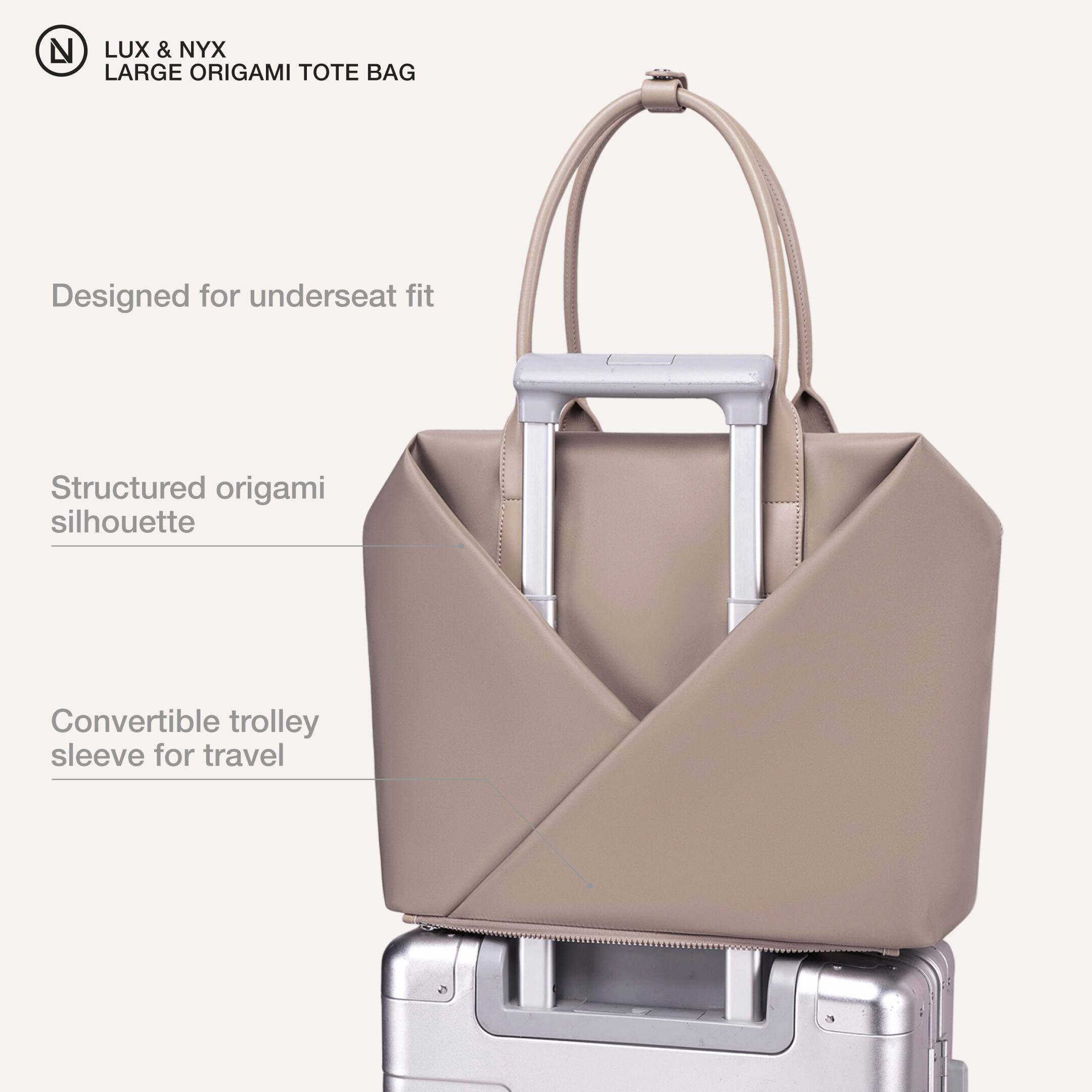 LUX & NYX LARGE ORIGAMI TOTE BAG

- Designed for underseat fit
- Structured origami silhouette
- Convertible trolley sleeve for travel