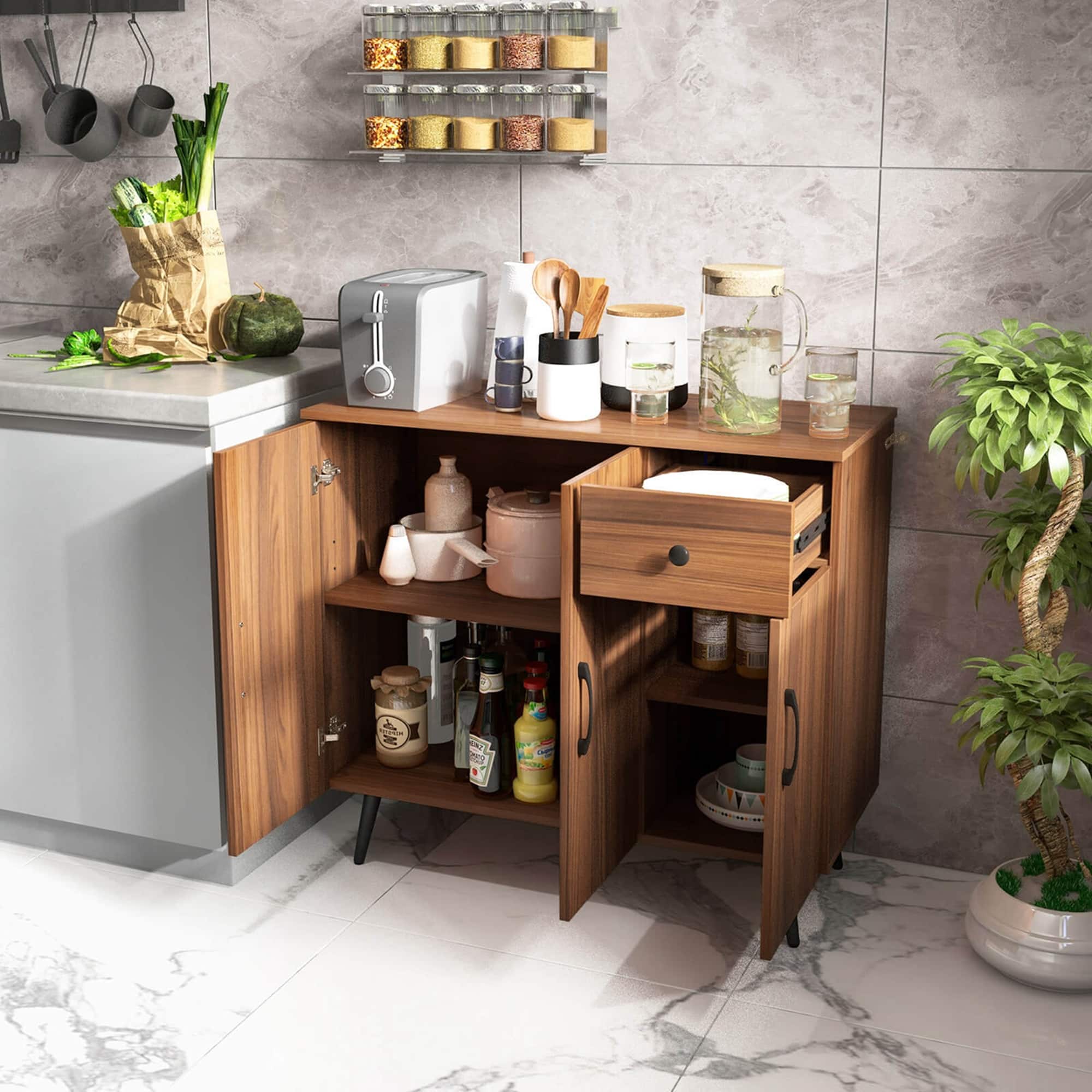 Buffet Cabinet with 3 Doors & Pull-out Drawer Adjustable Buffet Cabinet with 3 Doors & Pull-out Drawer Adjustable