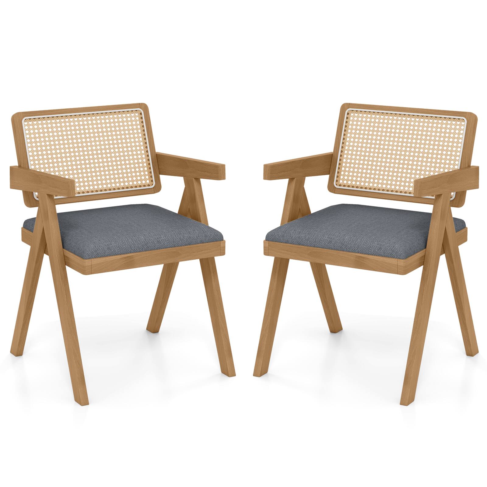 Left. WELLFOR - Set of 2 Rattan Accent Chairs with Padded Cushion and Rubber Wood Frame - Gray.