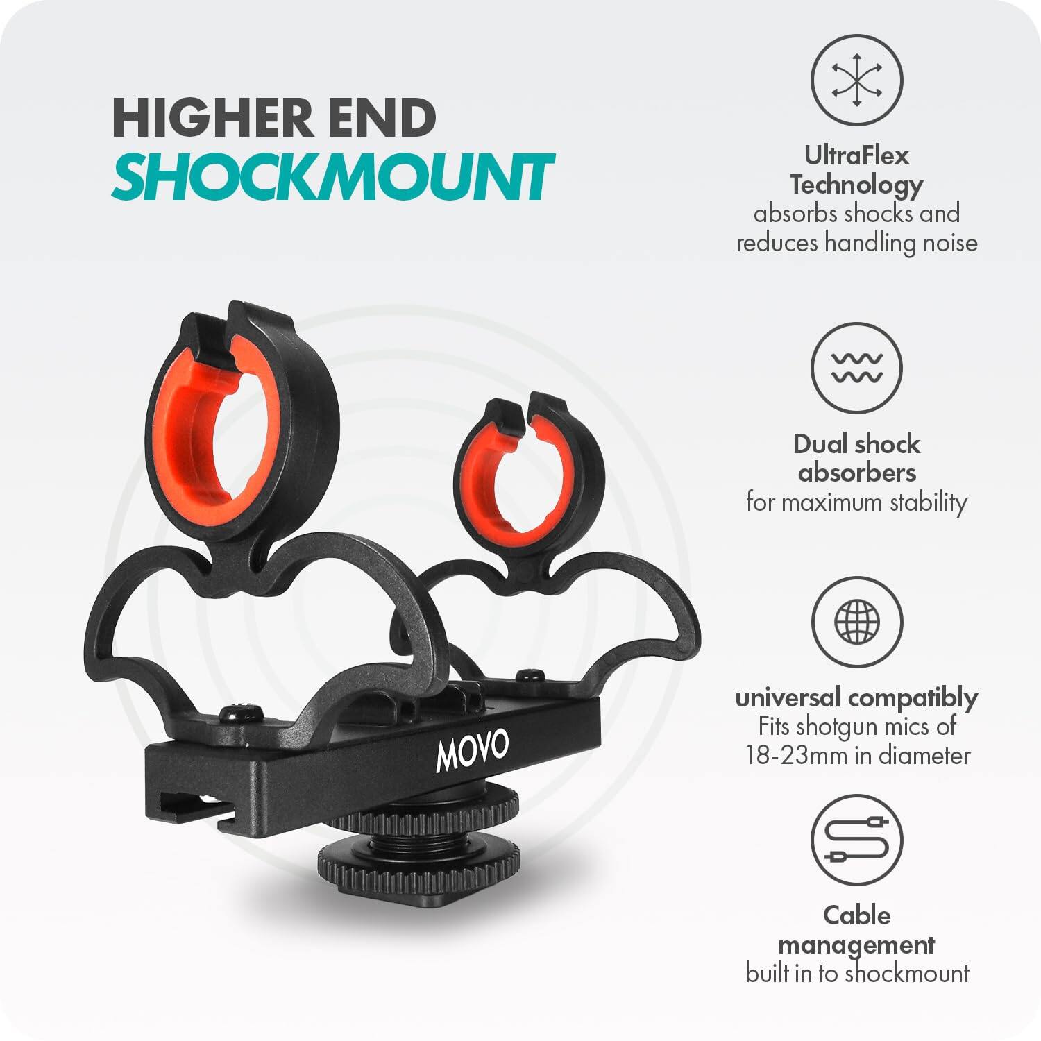 HIGHER END SHOCKMOUNT

- UltraFlex Technology absorbs shocks and reduces handling noise
- Dual shock absorbers for maximum stability
- Universal compatibility: Fits shotgun mics of 18-23mm in diameter
- Cable management built into shockmount