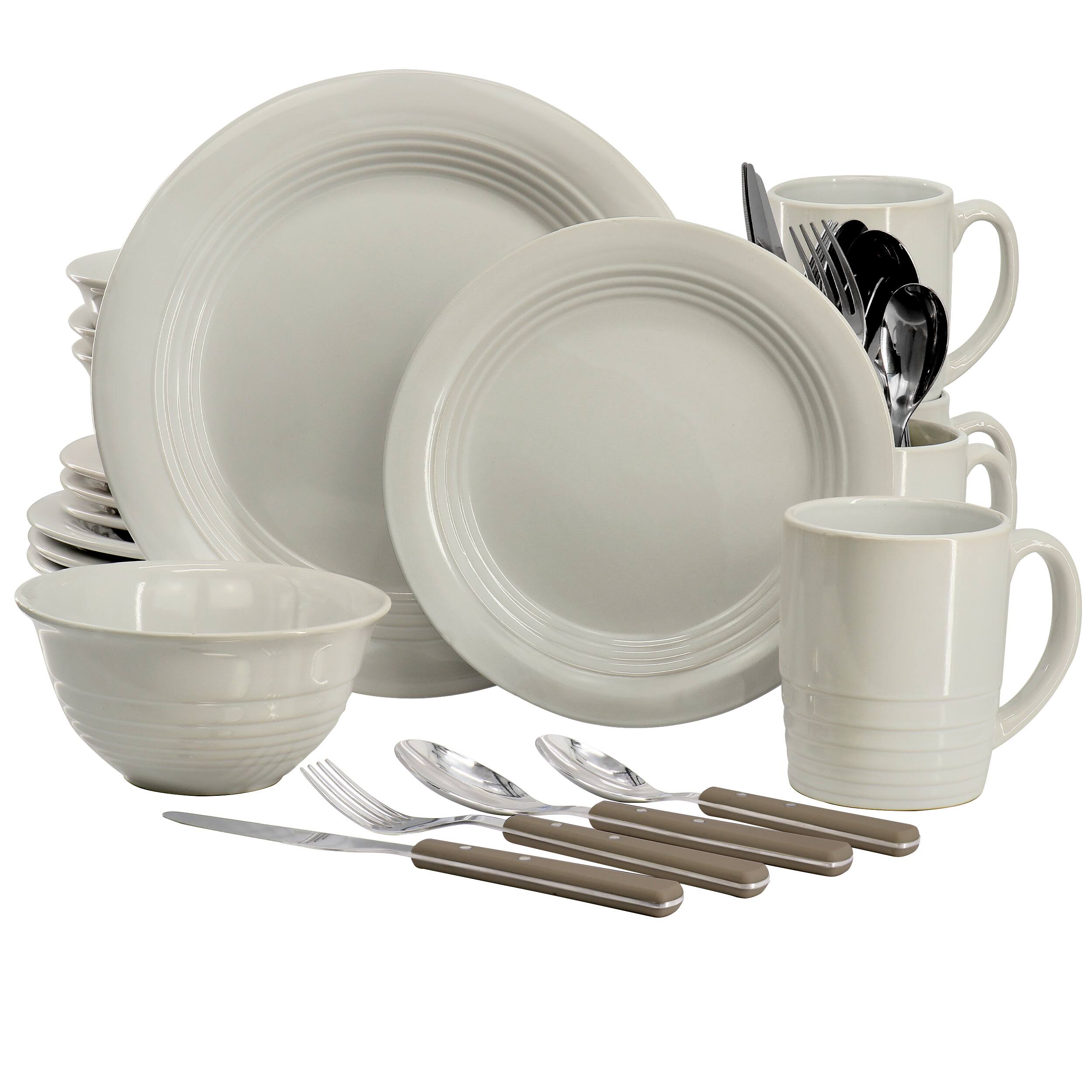 Front. Martha Stewart - Martha Stewart 32 Piece Stoneware Dinnerware and Flatware Combo Set in Grey - Gray.