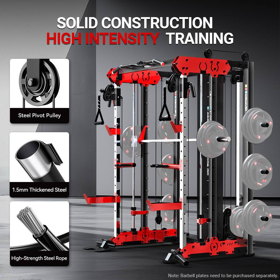 SOLID CONSTRUCTION HIGH INTENSITY TRAINING

- Steel Pivot Pulley
- 1.5mm Thickened Steel
- High-Strength Steel Rope

Note: Barbell plates need to be purchased separately.