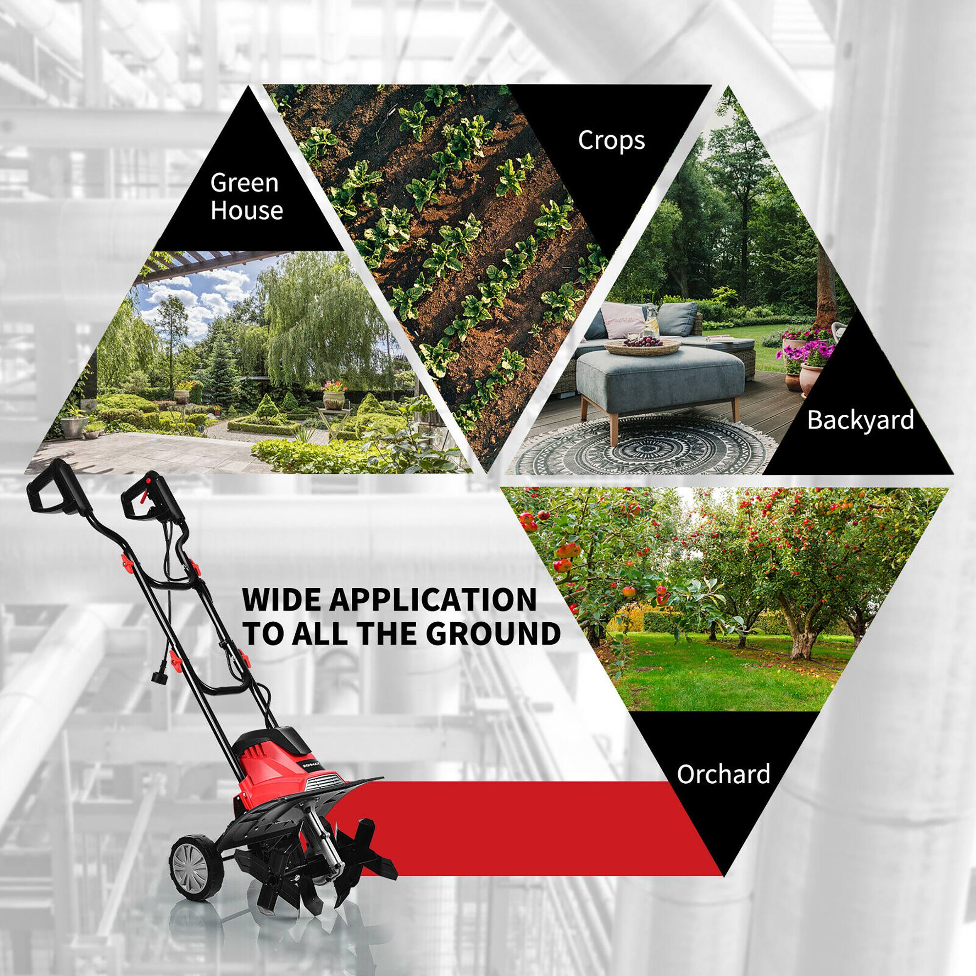 Green House  
Crops  
Backyard  
Orchard  

WIDE APPLICATION TO ALL THE GROUND