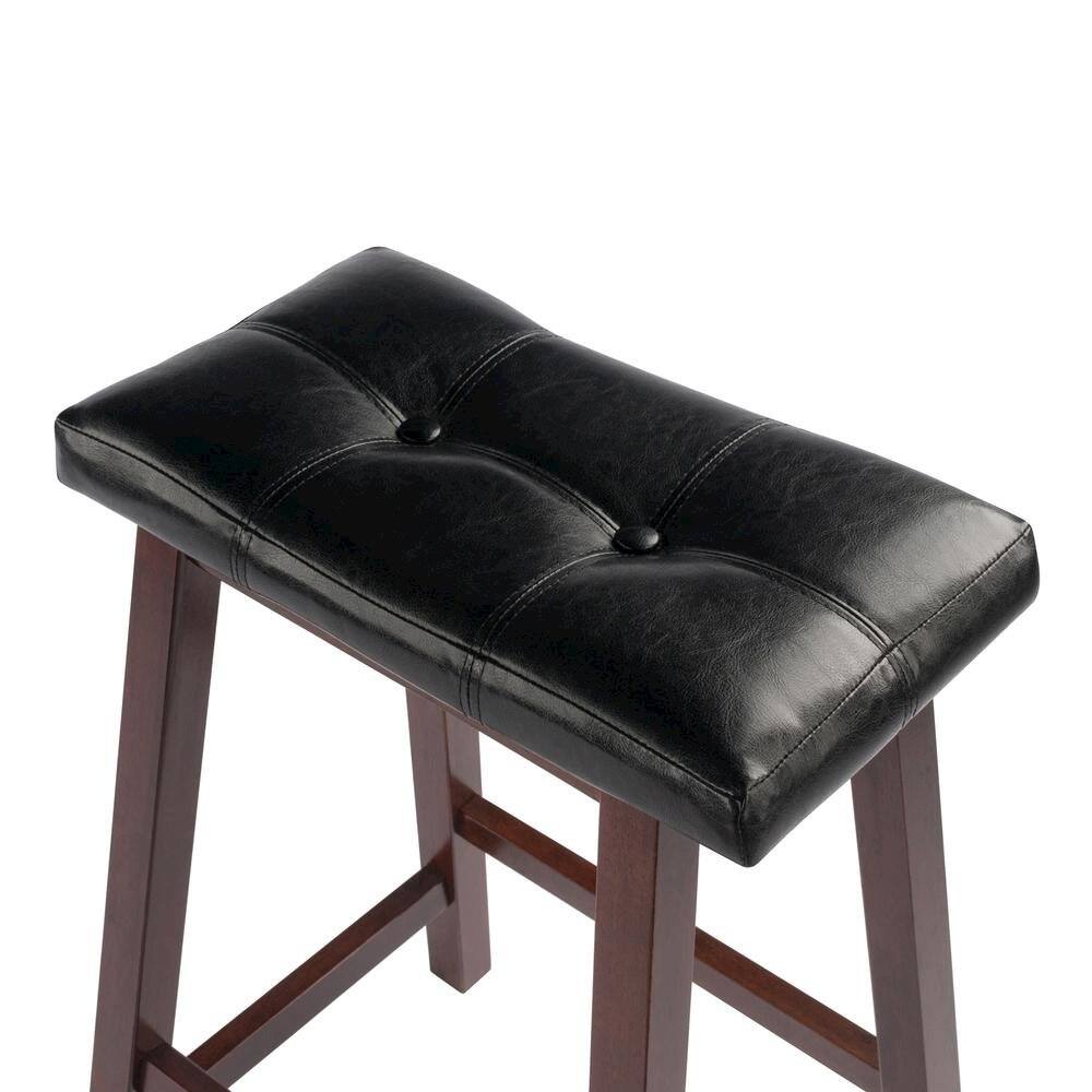 Alt View 1. FurniFact - Black Faux Leather Saddle Seat Bar Stool, 24 Inch Counter Height Kitchen Stool - Walnut / Black.