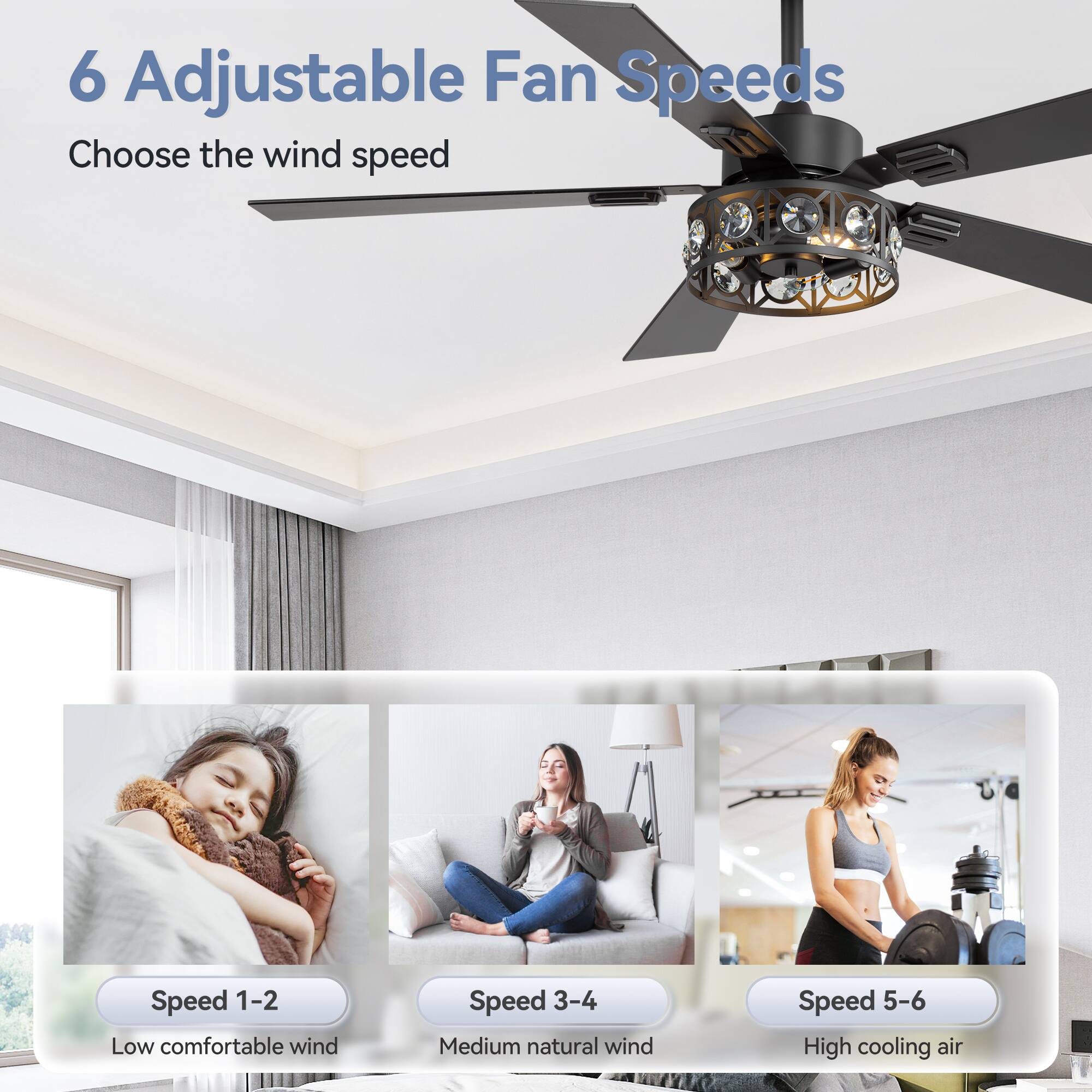 6 Adjustable Fan Speeds

Choose the wind speed

Speed 1-2 Low comfortable wind

Speed 3-4 Medium natural wind

Speed 5-6 High cooling air