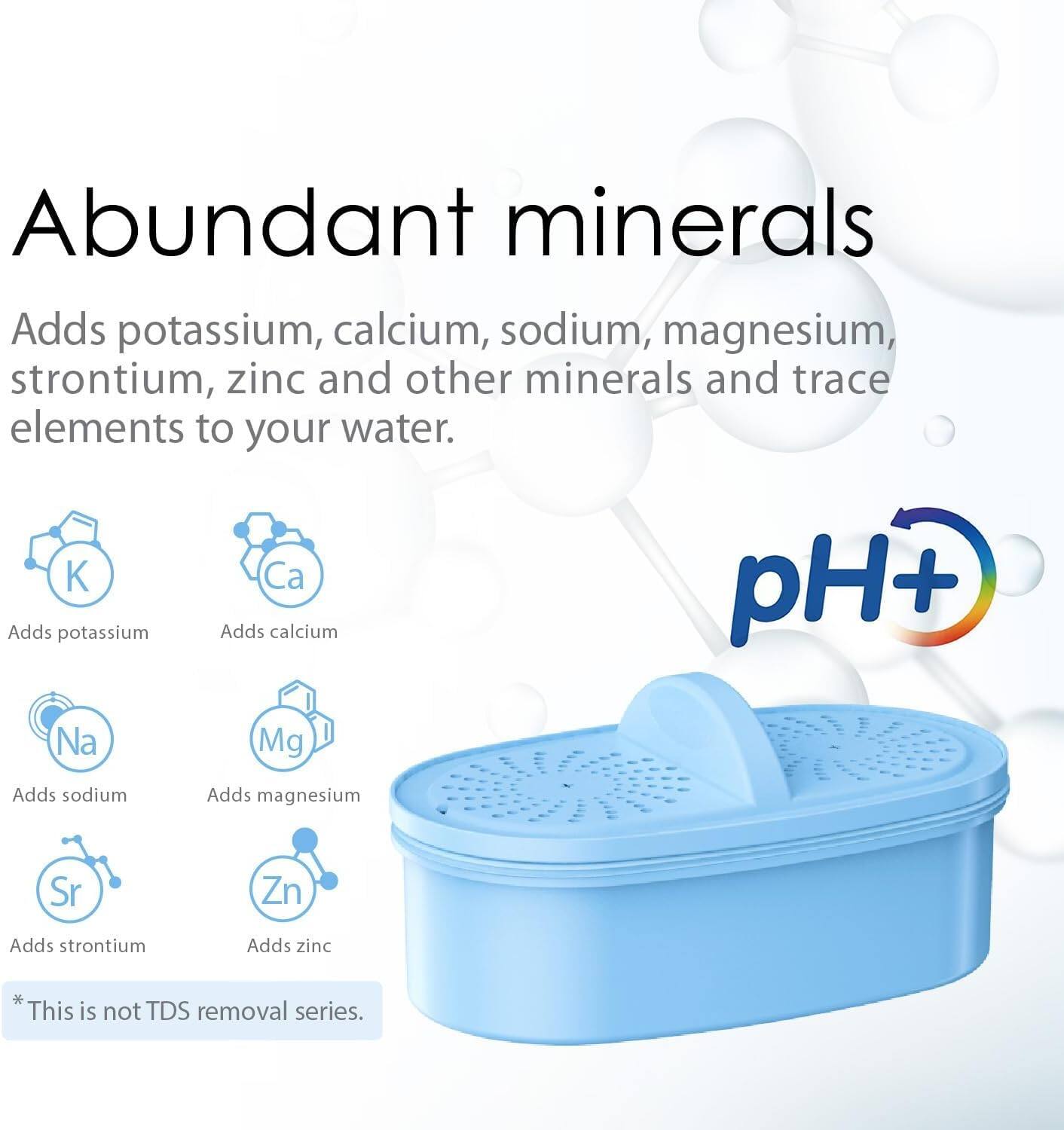 Abundant minerals

Adds potassium, calcium, sodium, magnesium, strontium, zinc and other minerals and trace elements to your water.

- K: Adds potassium
- Ca: Adds calcium
- Na: Adds sodium
- Mg: Adds magnesium
- Sr: Adds strontium
- Zn: Adds zinc

pH+

*This is not TDS removal series.