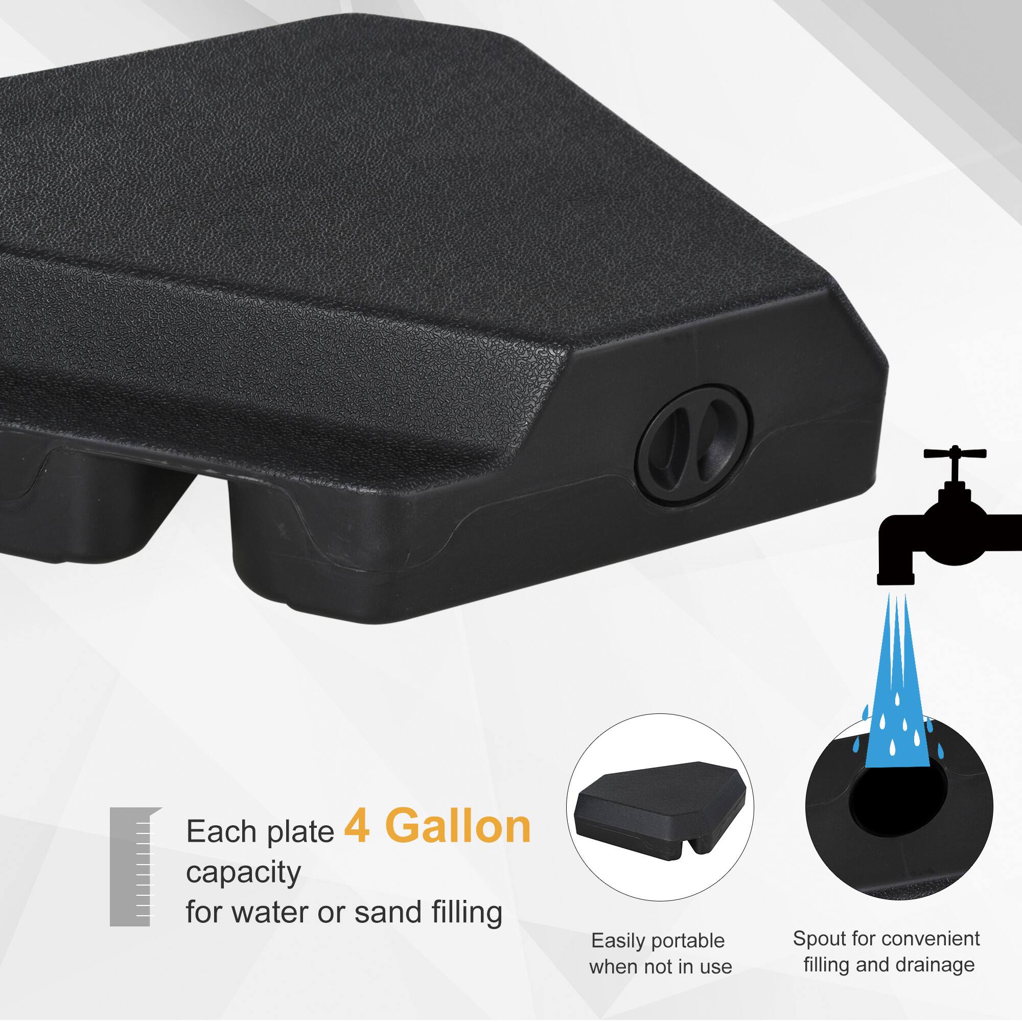 Each plate has a 4-gallon capacity for water or sand filling. It is easily portable when not in use and features a spout for convenient filling and drainage.