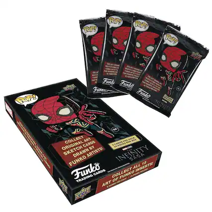 Sure, here is the corrected and grouped text from the image:
---
**POP!**
**COLLECT ORIGINAL SKETCH CARDS DRAWN BY FUNKO ARTISTS IN FUNKO POP!**
**Funko**
**TRADING CARDS**
**THE INFINITY SAGA**
**COLLECT ART PACK**
**8 CARDS PER PACK**
**24 PACKS PER BOX**
**COLLECT ALL 15 INSERTS!**
**ART OF FUNKO**
**8 CARDS PER PACK**
**24 PACKS PER BOX**
**COLLECT ALL 15 INSERTS!**
**THE INFINITY SAGA**
**Funko**
**TRADING CARDS**
**POP!**
**COLLECT ORIGINAL SKETCH CARDS DRAWN BY FUNKO ARTISTS IN FUNKO POP!**
**Funko**
**TRADING CARDS**
**THE INFINITY SAGA**
**COLLECT ALL 15 INSERTS!**
**ART OF FUNKO**
**8 CARDS PER PACK**
**24 PACKS PER BOX**
**COLLECT ALL 15 INSERTS!**
**THE INFINITY SAGA**
**Funko**
**TRADING CARDS**
**POP!