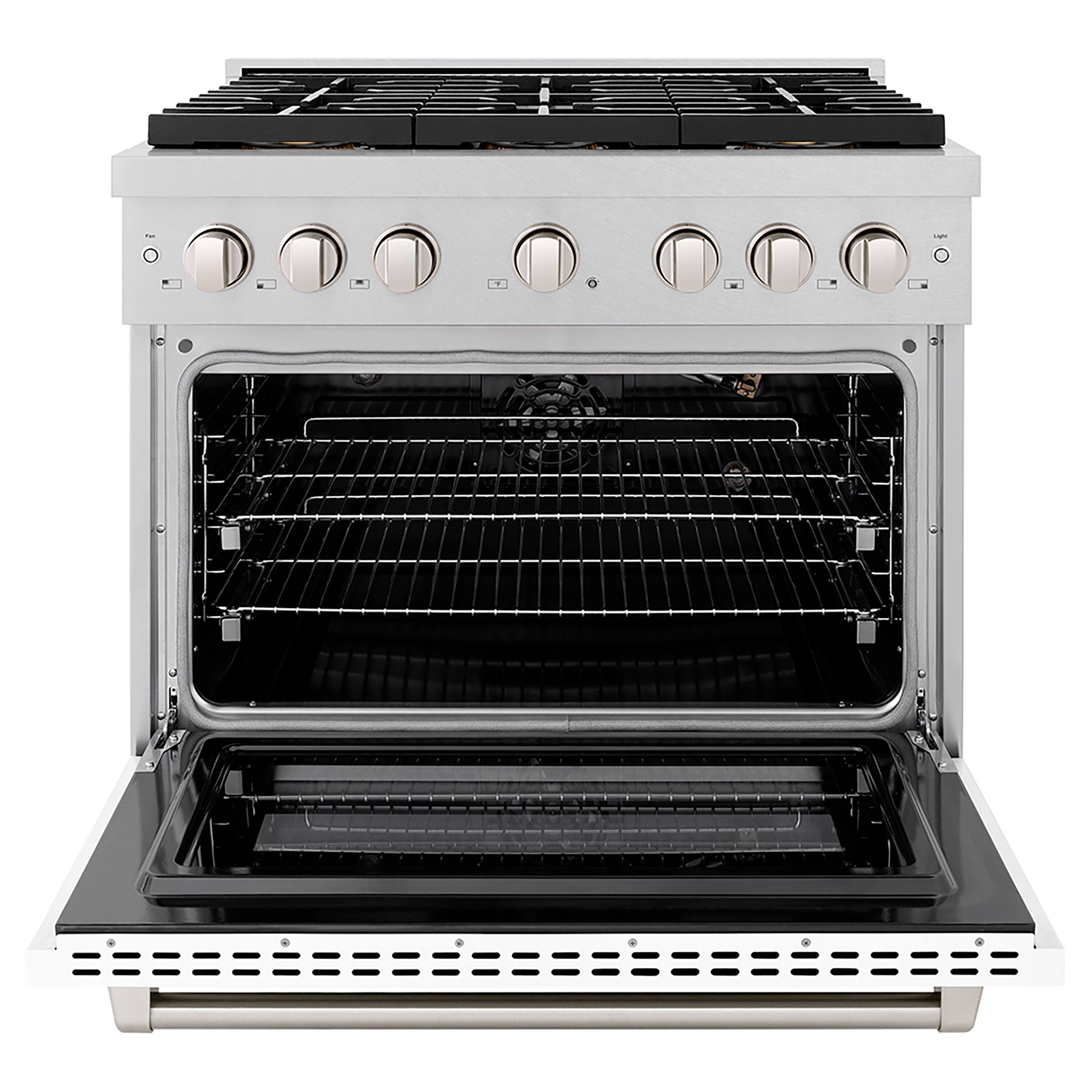 Angle. ZLINE - 36 in. 5.2 cu. ft. Freestanding Paramount Gas DuoPro Range with Convection Oven - White Matte.