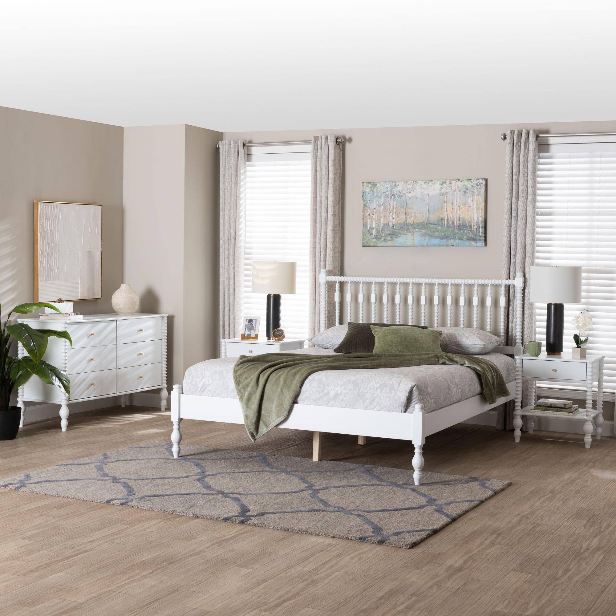 Alt View 7. Baxton Studio - Denita Spindle 4-Piece Bedroom Set - Farmhouse Platform Bed with Matching Dresser and 1-Drawer Nightstands, Queen - White.