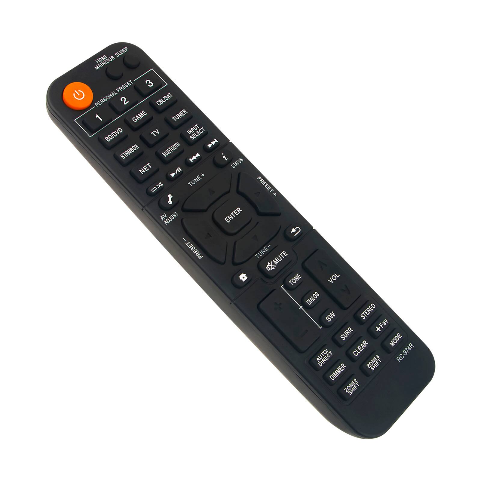 Sure, here is the corrected and grouped text from the image:

- **Top Left:**
  - HANDS FREE
  - SLEEP

- **Top Center:**
  - PERSONAL PRESET 1
  - PERSONAL PRESET 2
  - PERSONAL PRESET 3

- **Top Right:**
  - GAME
  - TV
  - CBL/SAT
  - TUNER

- **Middle Left:**
  - BD/DVD
  - STRMBOX
  - NET
  - TUNE-
  - TUNE+
  - AV ADJUST
  - ENTER

- **Middle Center:**
  - TV INPUT SELECT
  - BLUETOOTH
  - i NET STATUS
  - TUNE PRESET
  - VA ADJUST
  - ENTER
  - PRESET TUNE
  - MUTE
  - TONE
  - VOL
  - DIALOG
  - SW
  - STEREO
  - +Fav
  - SURR MODE
  - CLEAR

- **Middle Right:**
  - RC-974R
  - DIRECT
  - DIMMER

- **Bottom Left:**
  - AUTO DIRECT
  - ZONE SHIFT
  - ZONE SLEEP
  - DINNER

- **Bottom Right:**
  - SURR
  - CLEAR
  - ZONE SLEEP
  - RC-974R