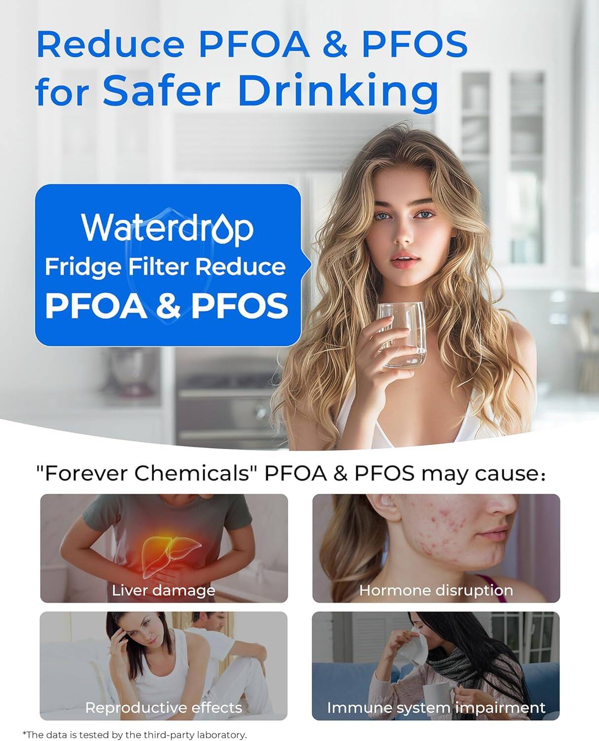 Reduce PFOA & PFOS for Safer Drinking

Waterdrop Fridge Filter Reduce PFOA & PFOS

"Forever Chemicals" PFOA & PFOS may cause:
- Liver damage
- Hormone disruption
- Reproductive effects
- Immune system impairment

*The data is tested by the third-party laboratory.