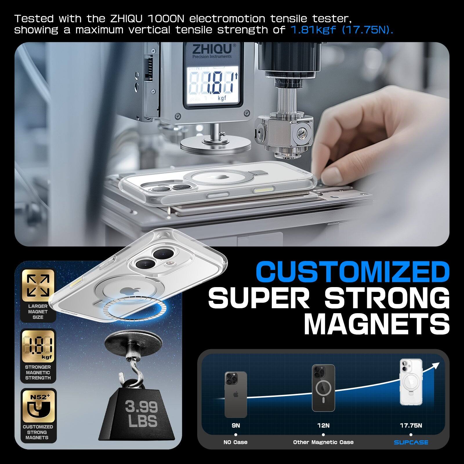 Tested with the ZHIQU 1000ON electromotion tensile tester, showing a maximum vertical tensile strength of 1.81kgf (17.75N).

ZHIQU Precision Instruments

LARGER MAGNET SIZE

STRONGER MAGNETIC STRENGTH

CUSTOMIZED SUPER STRONG MAGNETS

N52+ U

3.99 LBS

NO Case 9N

Other Magnetic Case 12N

SUPCASE 17.75N

CUSTOMIZED SUPER STRONG MAGNETS