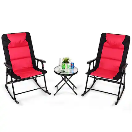 Front. Kadyn - 3 Pieces Folding Rocking Chair Outdoor Side Table Set of 3 with Cushion, Black&Red - Red.