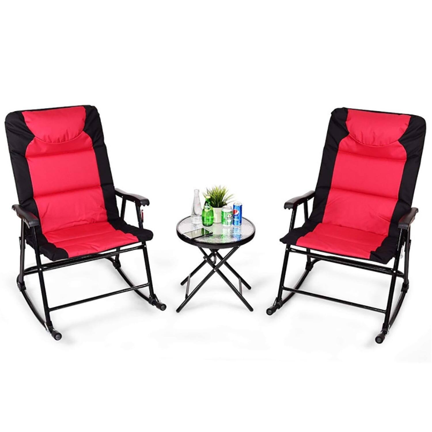 Front. Kadyn - 3 Pieces Folding Rocking Chair Outdoor Side Table Set of 3 with Cushion, Black&Red - Red.