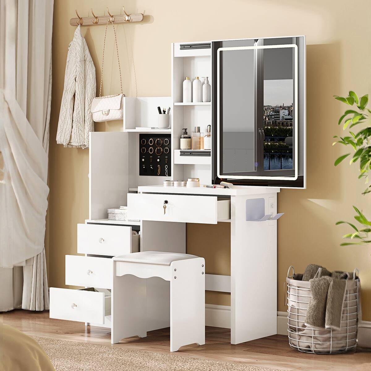 Alt View 3. Loheer - Loheer White Makeup Vanity with Sliding Lighted Mirror and Cushioned Stool - White.