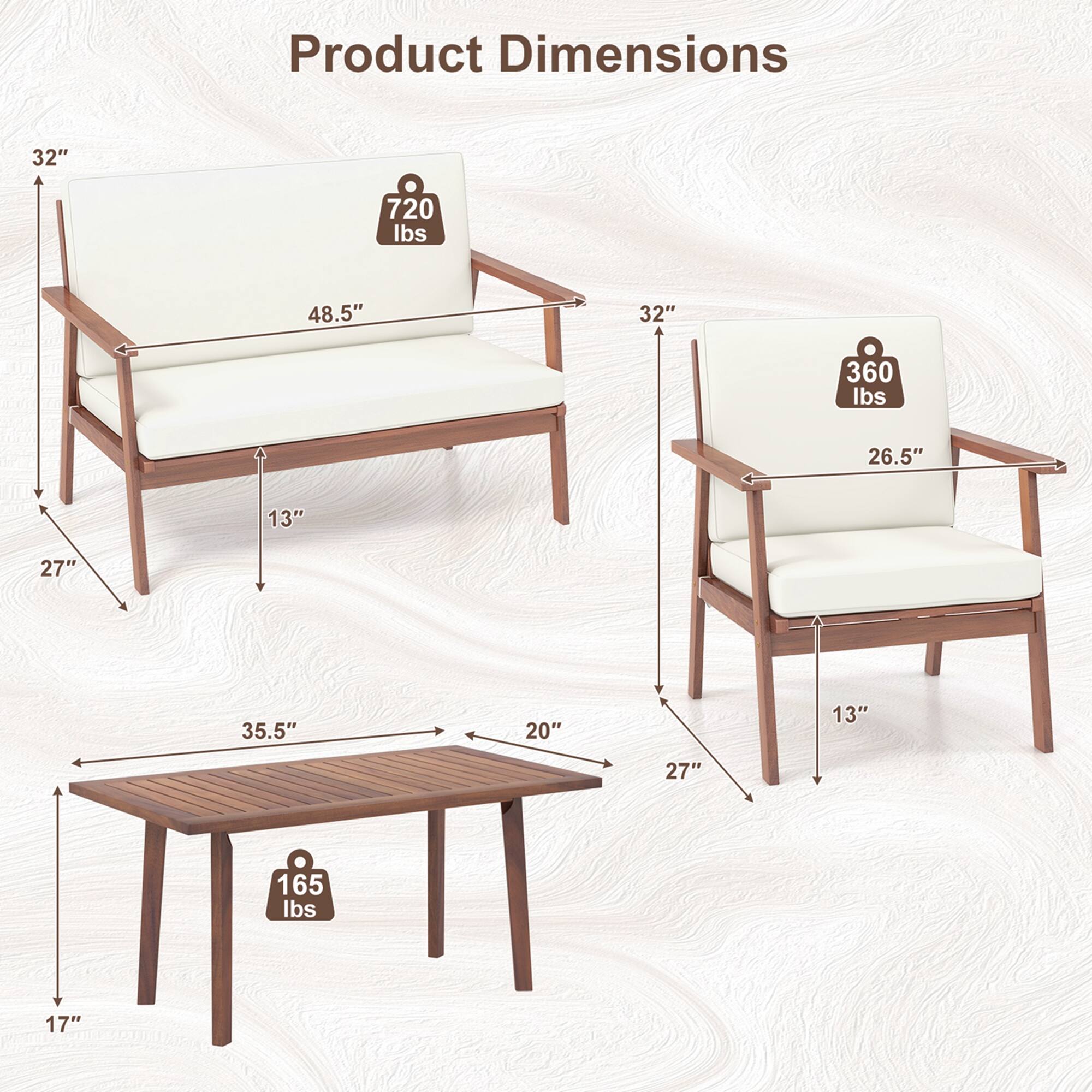 Product Dimensions

- Sofa: 32" (height) x 48.5" (width) x 13" (depth), 720 lbs weight capacity
- Armchair: 32" (height) x 26.5" (width) x 13" (depth), 360 lbs weight capacity
- Coffee Table: 35.5" (length) x 20" (width) x 17" (height), 165 lbs weight capacity