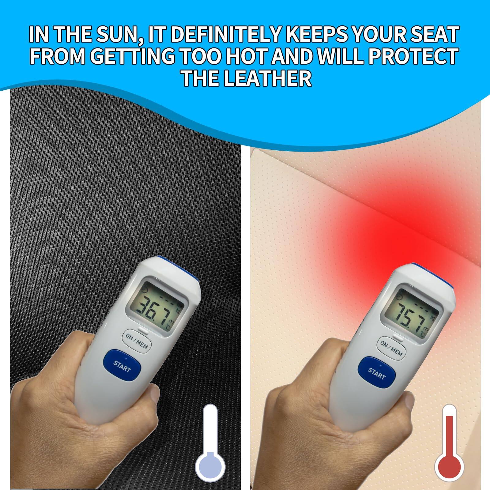 IN THE SUN, IT DEFINITELY KEEPS YOUR SEAT FROM GETTING TOO HOT AND WILL PROTECT THE LEATHER