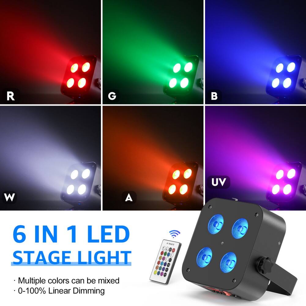 R G W A UV 6 IN 1 LED STAGE LIGHT  
- Multiple colors can be mixed  
- 0-100% Linear Dimming