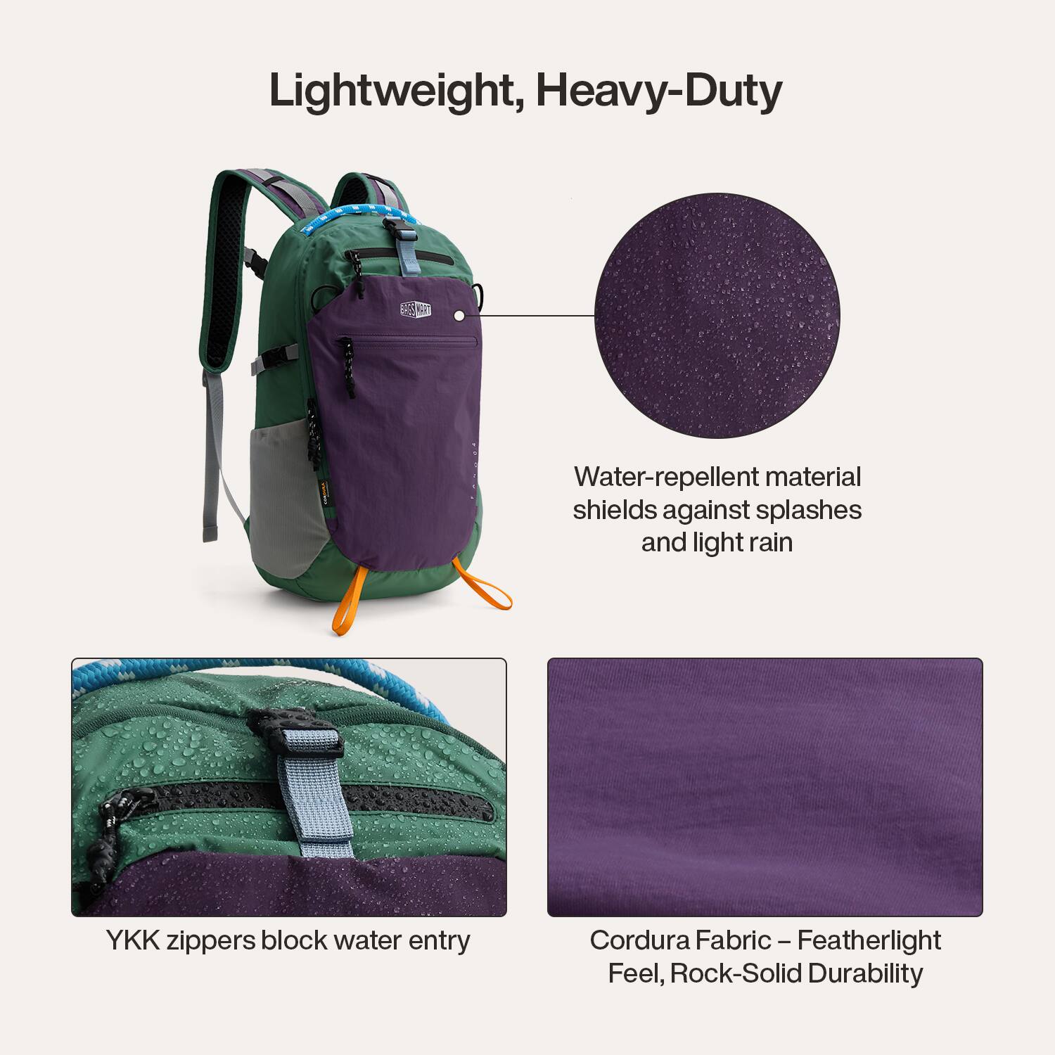 Lightweight, Heavy-Duty Water-repellent material shields against splashes and light rain. YKK zippers block water entry. Cordura Fabric - Featherlight Feel, Rock-Solid Durability.