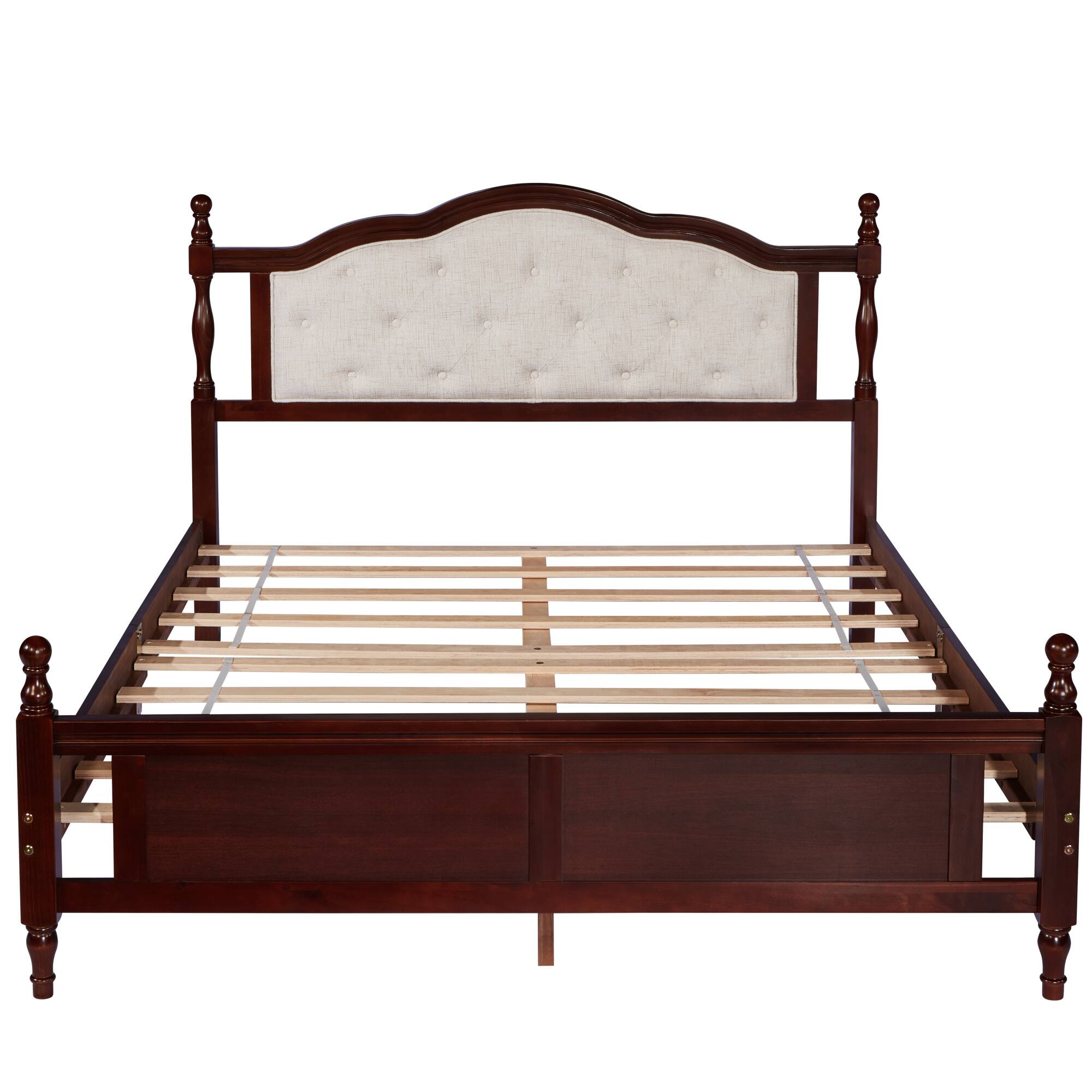Back. GOODSILO - Queen Size Wooden Bed with Upholstered Headboard and Panel Footboard Featuring Platform Support Feet - Cherry.