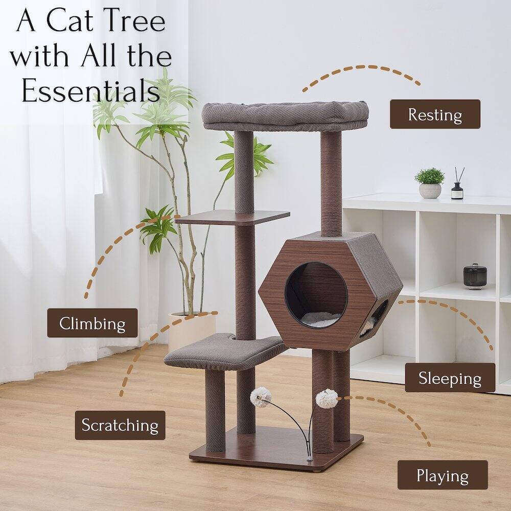 A Cat Tree with All the Essentials  
- Resting  
- Climbing  
- Scratching  
- Sleeping  
- Playing