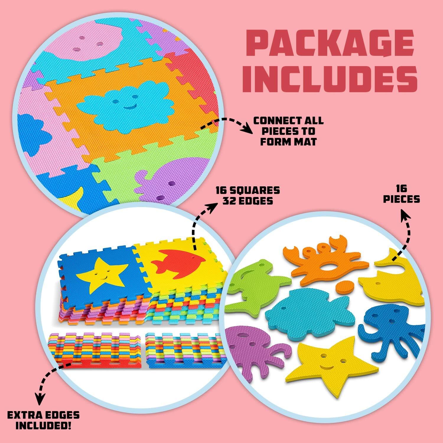 PACKAGE INCLUDES CONNECT ALL PIECES TO FORM MAT 16 SQUARES 32 EDGES 16 PIECES EXTRA EDGES INCLUDED!