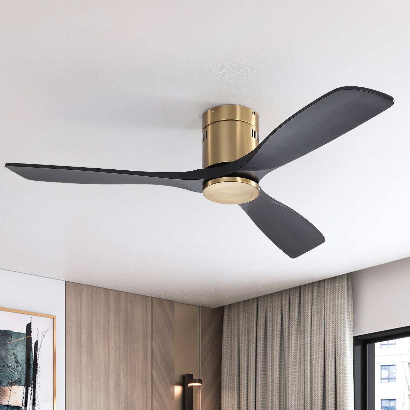 Alt View 4. Sofucor - 52 Inch Solid Wood Flush Mount Ceiling Fan With Remote Indoor/Outdoor Ceiling Fans Reversible DC Motor for Bedroom Patio - Gold-black.