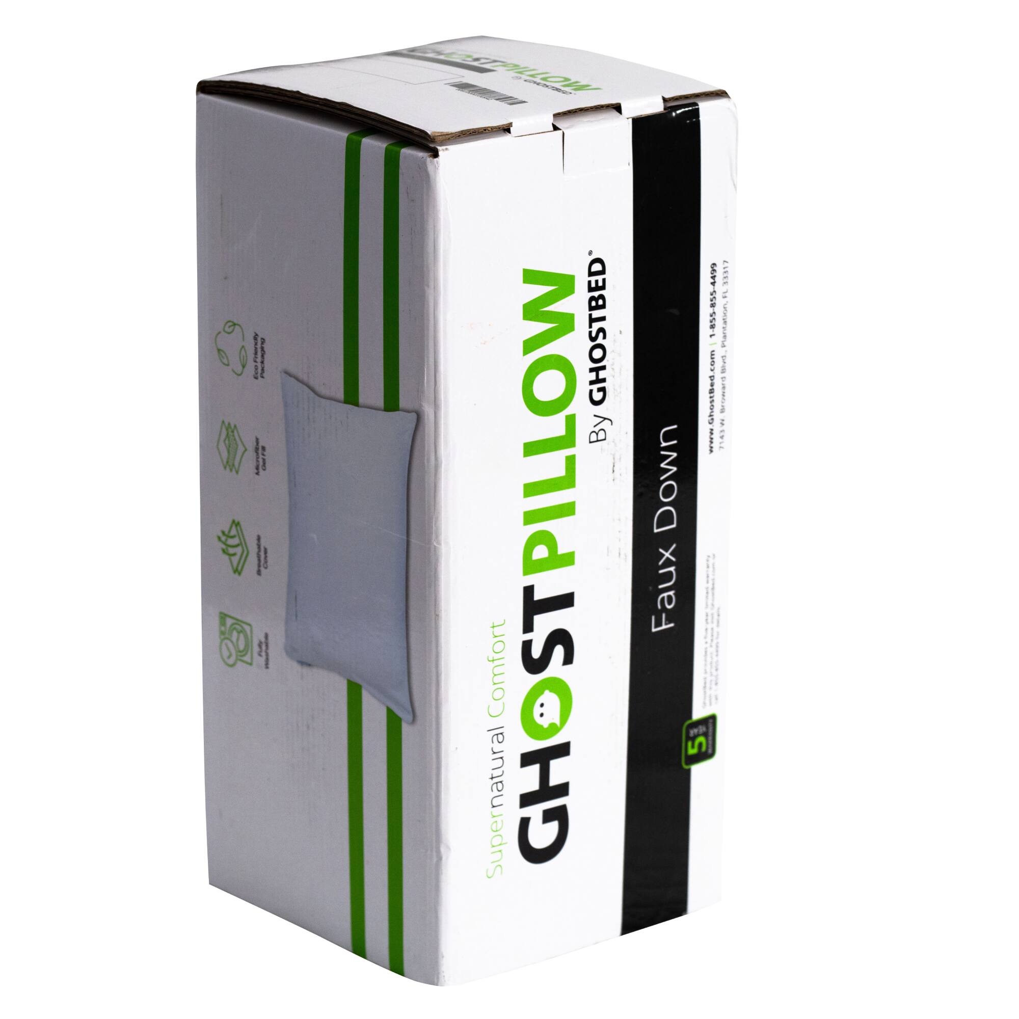 The image features a white box with a black border, containing a pillow. The box is labeled "Ghostbed" and has a green and black color scheme. The pillow is described as being made of faux down, which provides comfort and a supernatural feel. The box is likely meant to protect the pillow during transportation or storage.