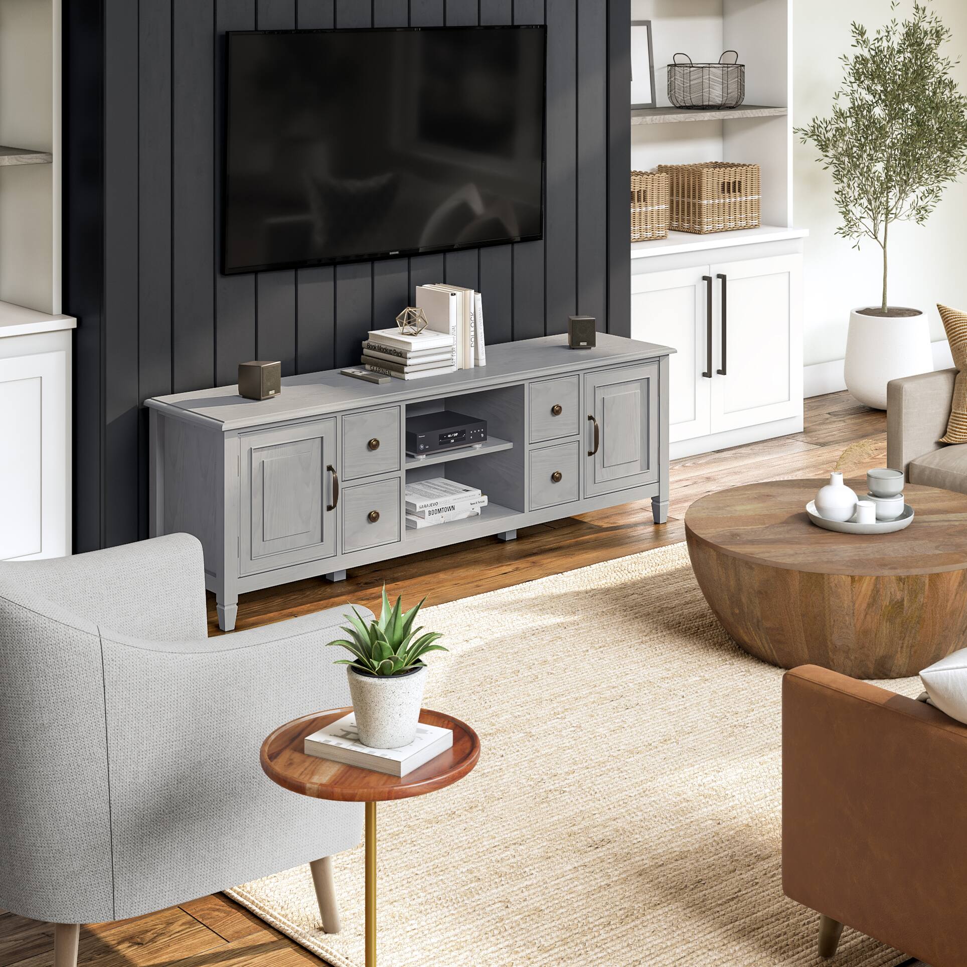 Angle. Simpli Home - Connaught SOLID WOOD 72 inch Wide TV Stand in Fog Grey For TVs up to 80 inches - Fog Grey.