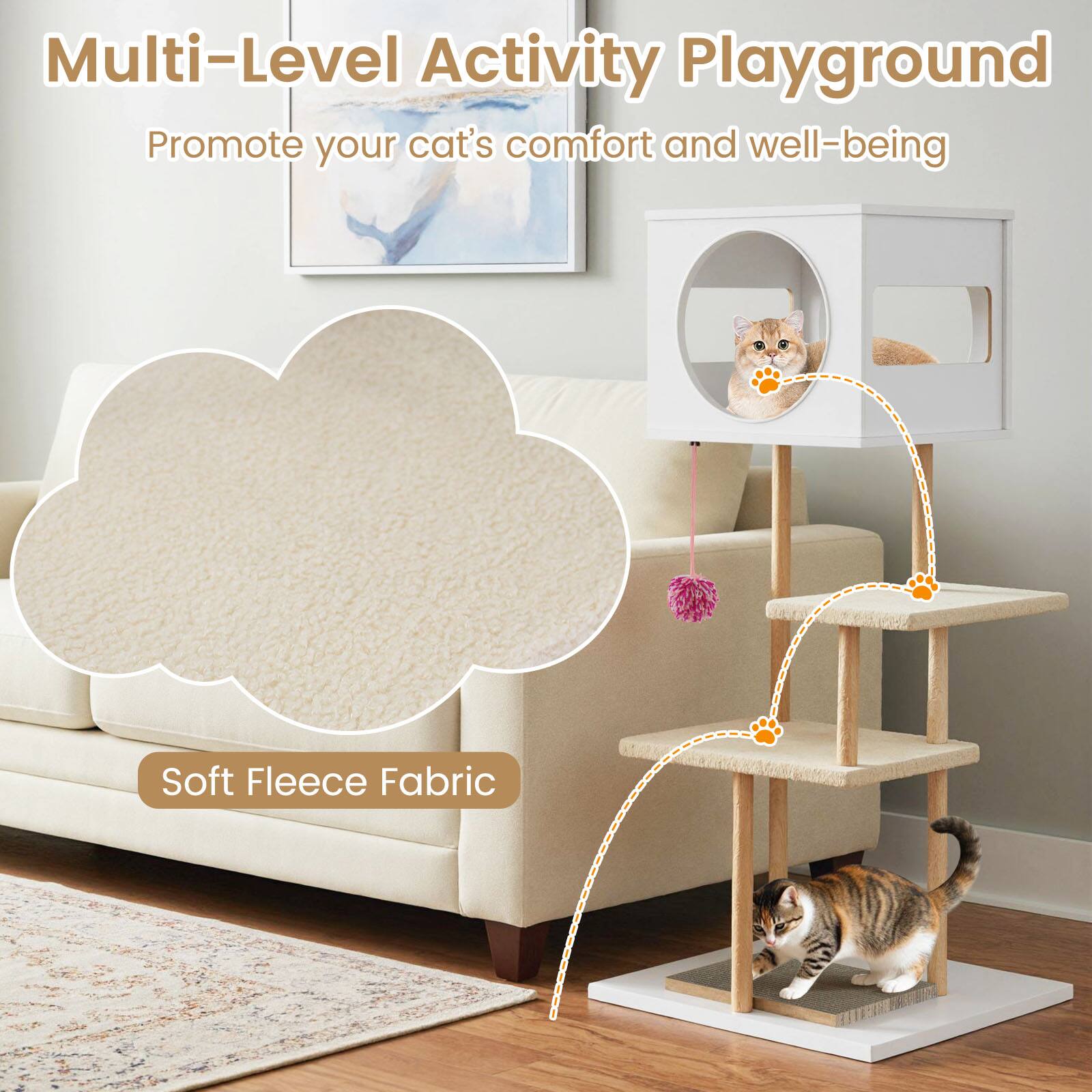 Multi-Level Activity Playground  
Promote your cat's comfort and well-being  

Soft Fleece Fabric
