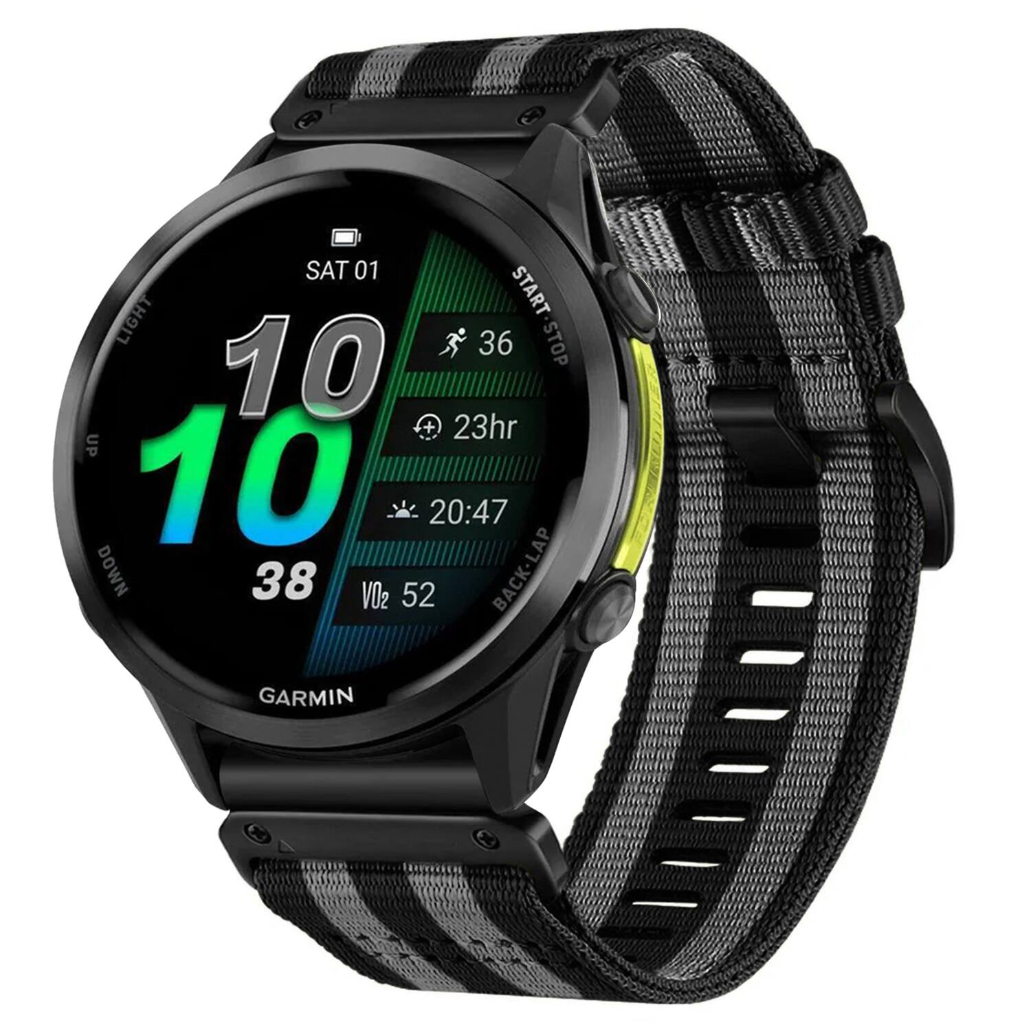 SAT 01 LIGHT START-STOP START 36 STOP 10 23hr UP 10 20:47 LAP DOWN 38 VO2 52 BACK-LAP GARMIN