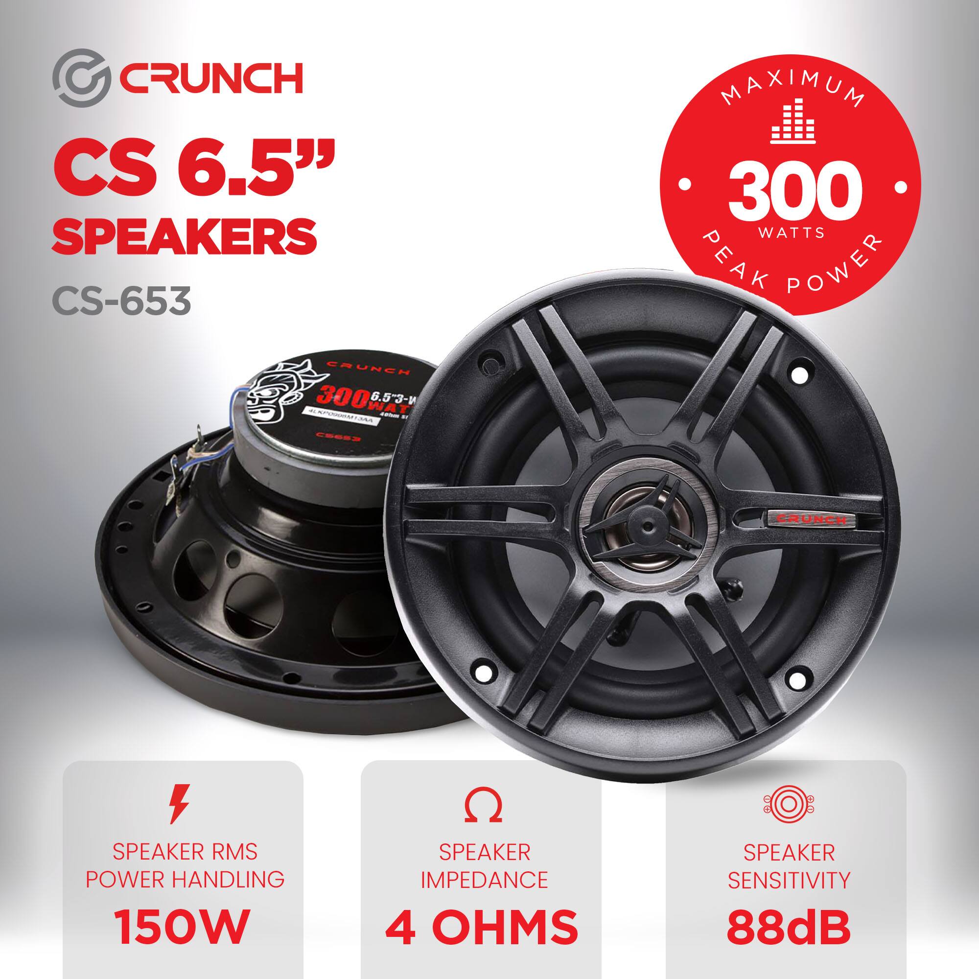 CRUNCH CS 6.5" SPEAKERS CS-653  
MAXIMUM 300 WATTS PEAK POWER  
SPEAKER RMS POWER HANDLING 150W  
SPEAKER IMPEDANCE 4 OHMS  
SPEAKER SENSITIVITY 88dB