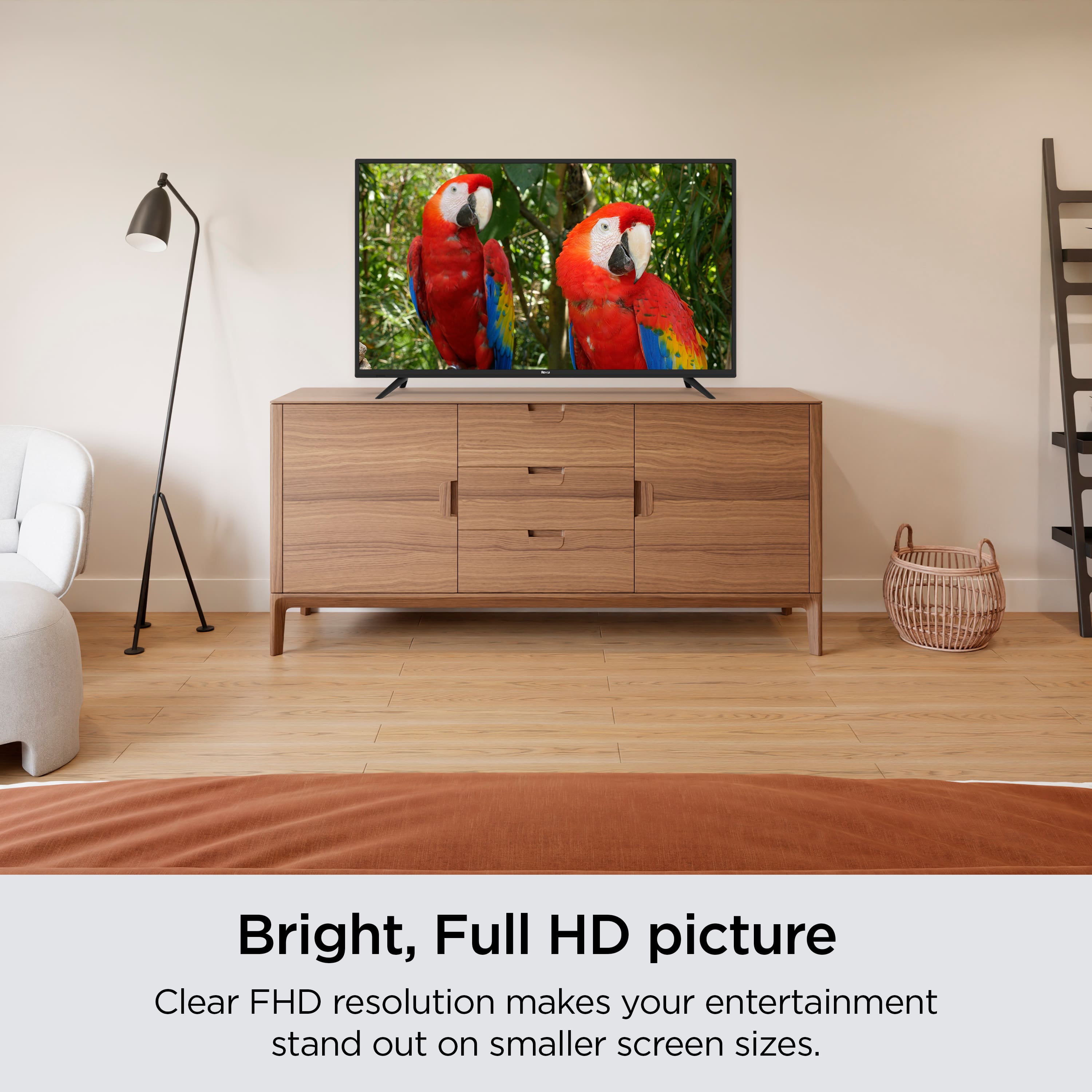 The text on the image reads: "Bright, Full HD picture Clear FHD resolution makes your entertainment stand out on smaller screen sizes."