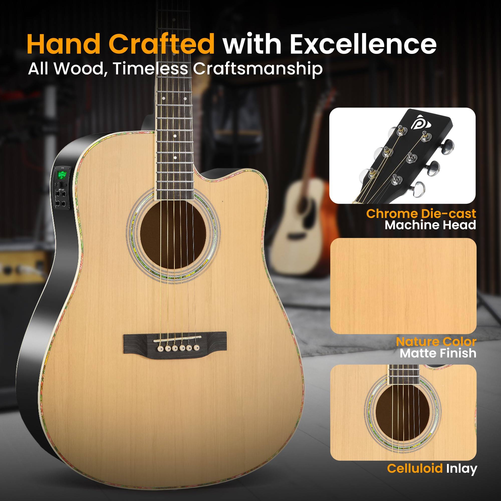 Hand Crafted with Excellence  
All Wood, Timeless Craftsmanship  

Chrome Die-cast Machine Head  
Nature Color Matte Finish  
Celluloid Inlay